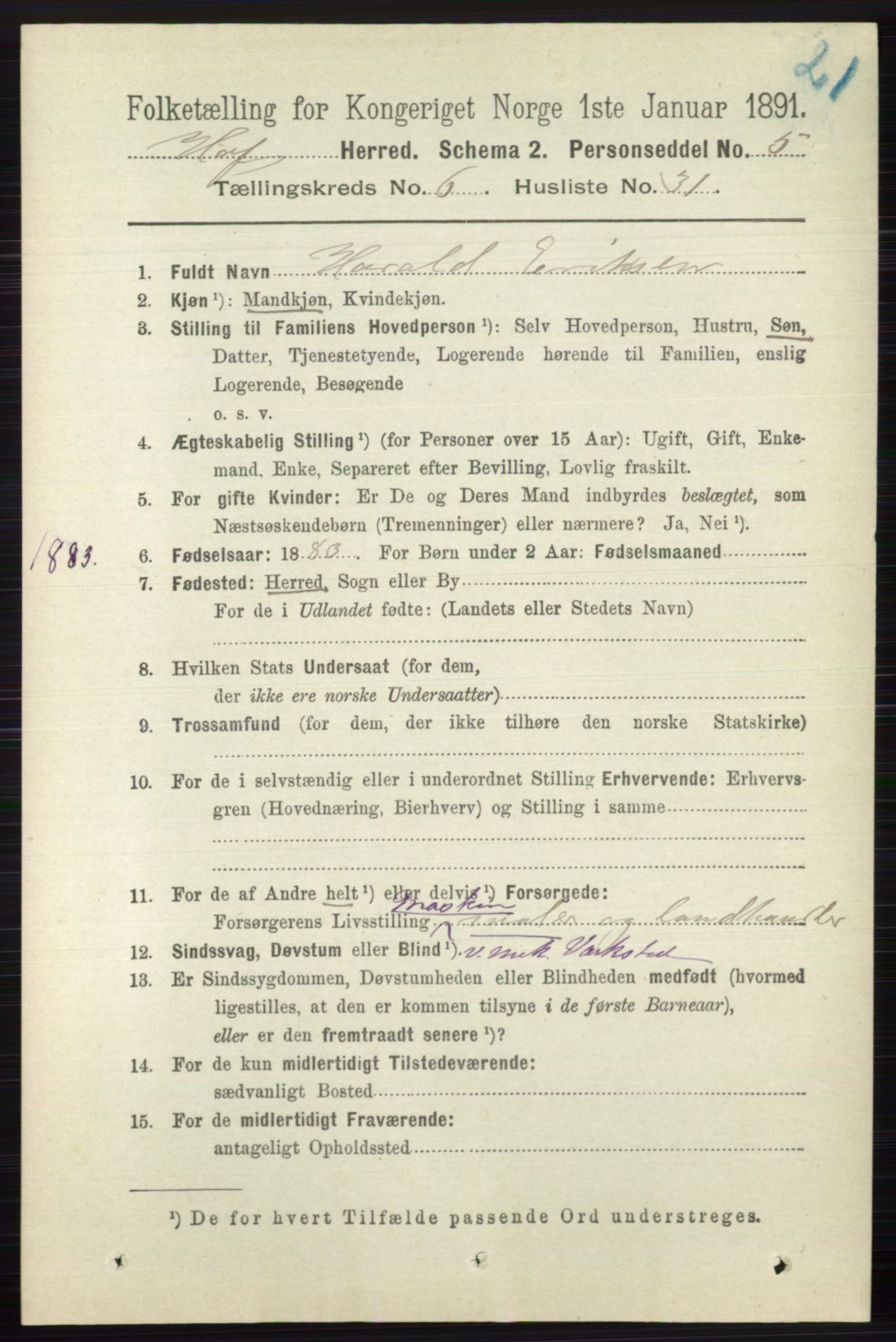 RA, 1891 census for 0714 Hof, 1891, p. 1980