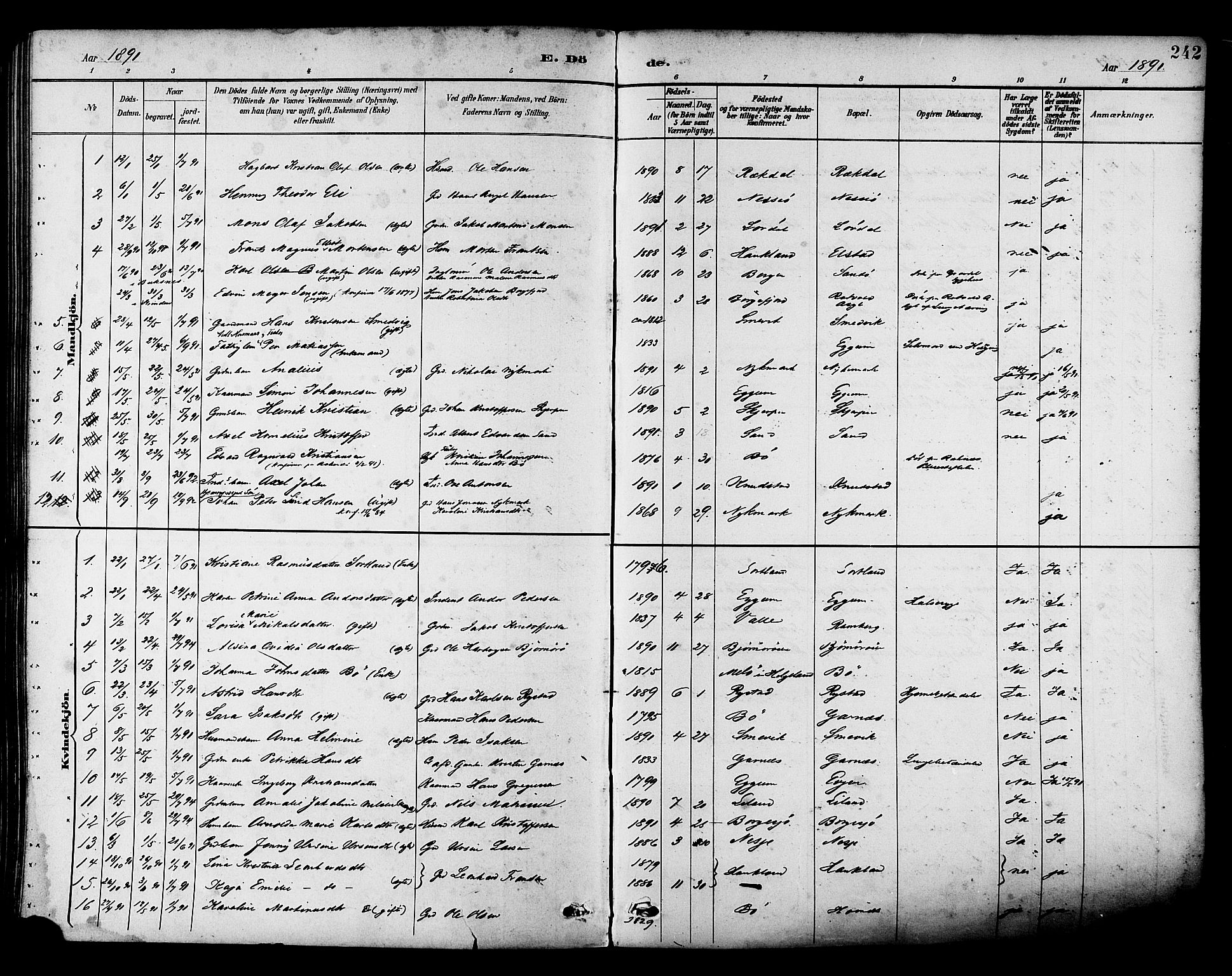 Ministerialprotokoller, klokkerbøker og fødselsregistre - Nordland, SAT/A-1459/880/L1133: Parish register (official) no. 880A07, 1888-1898, p. 242