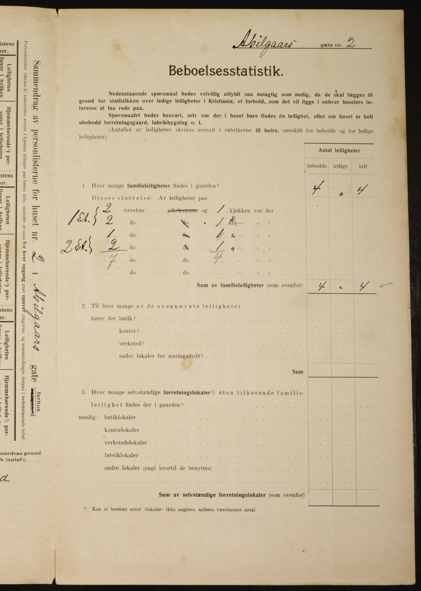 OBA, Municipal Census 1910 for Kristiania, 1910, p. 4