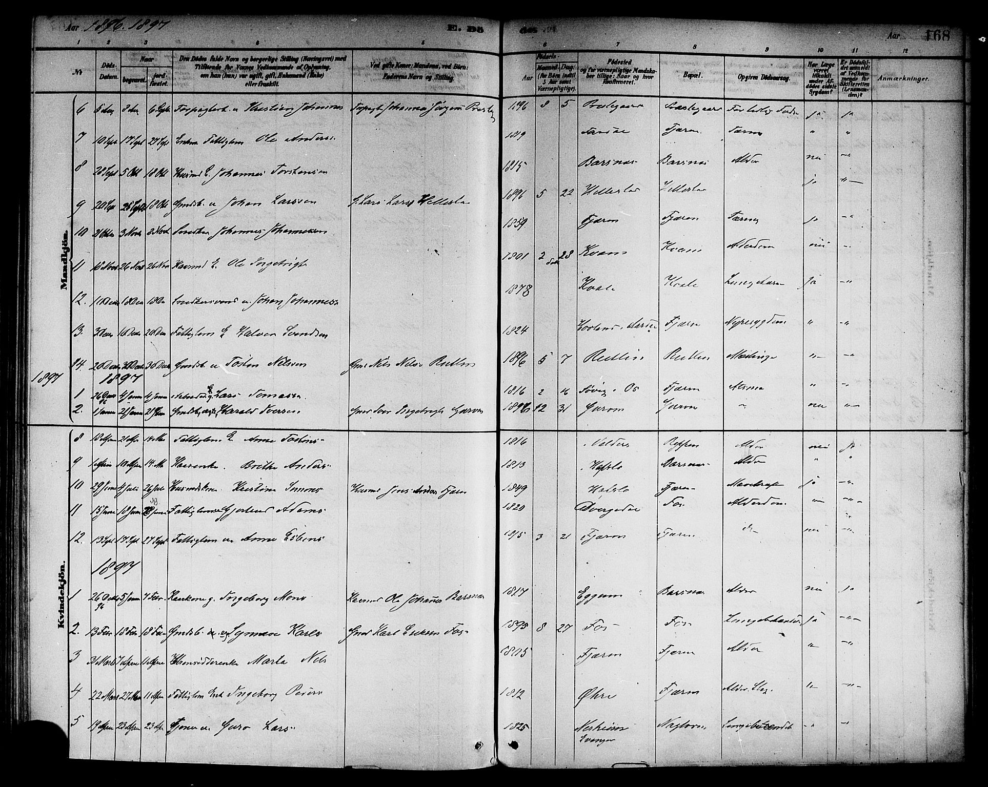 Sogndal sokneprestembete, SAB/A-81301/H/Haa/Haab/L0001: Parish register (official) no. B 1, 1878-1899, p. 168