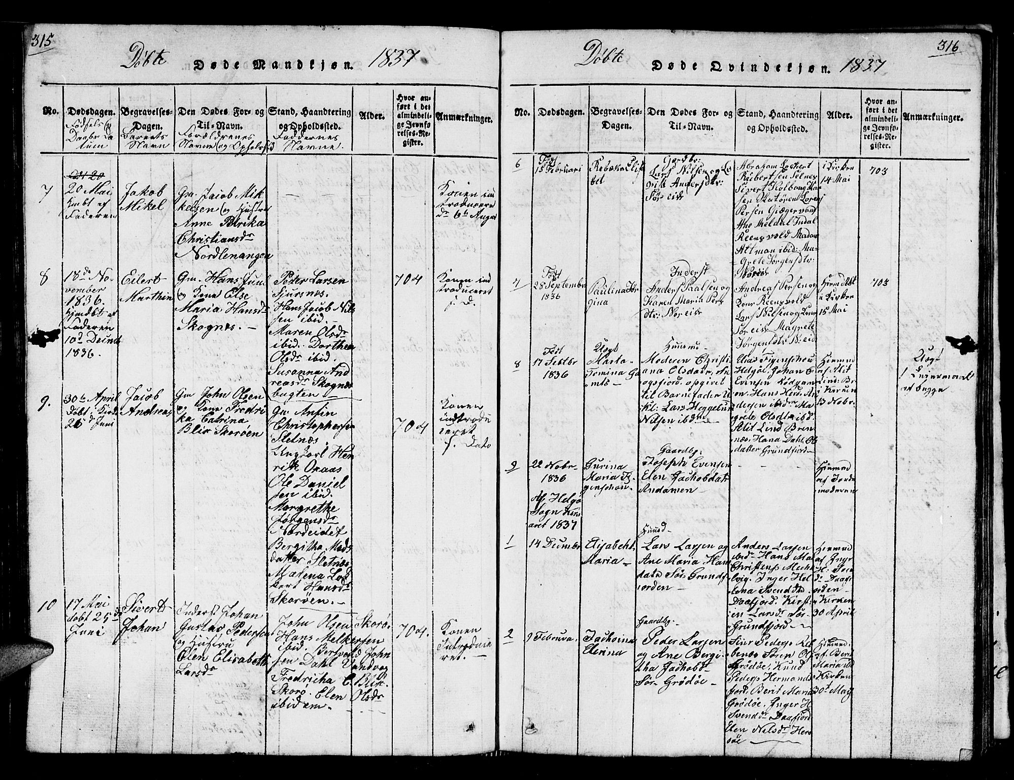 Karlsøy sokneprestembete, AV/SATØ-S-1299/H/Ha/Hab/L0001klokker: Parish register (copy) no. 1, 1821-1840, p. 315-316