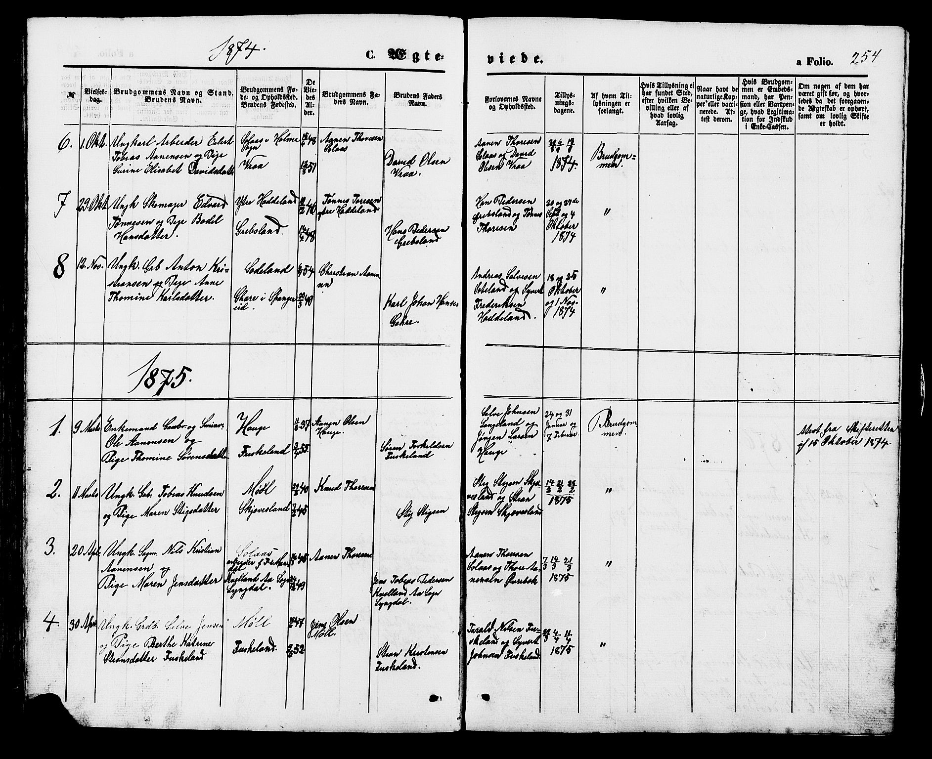 Holum sokneprestkontor, SAK/1111-0022/F/Fb/Fba/L0004: Parish register (copy) no. B 4, 1867-1890, p. 254