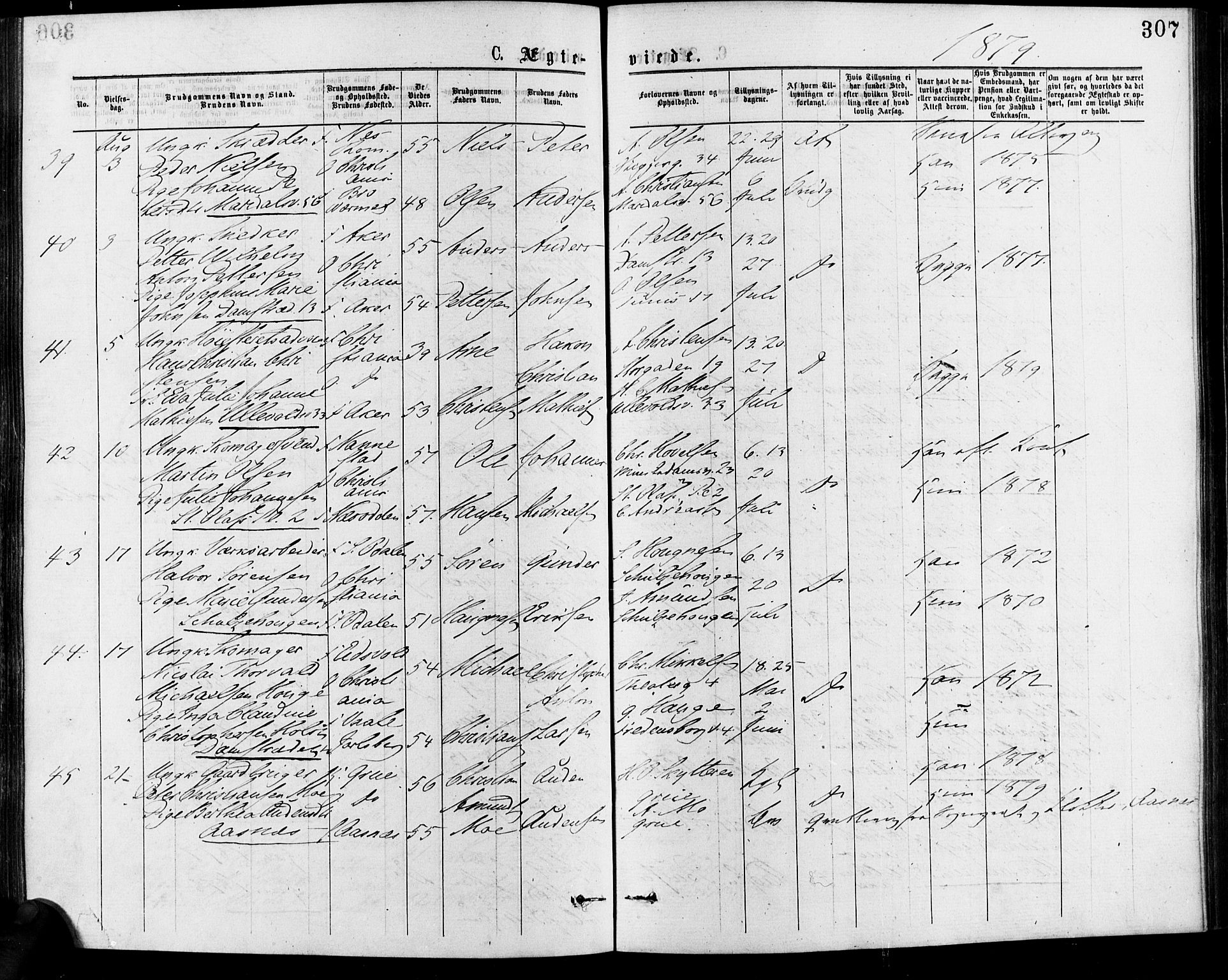 Gamle Aker prestekontor Kirkebøker, SAO/A-10617a/F/L0005: Parish register (official) no. 5, 1873-1881, p. 307