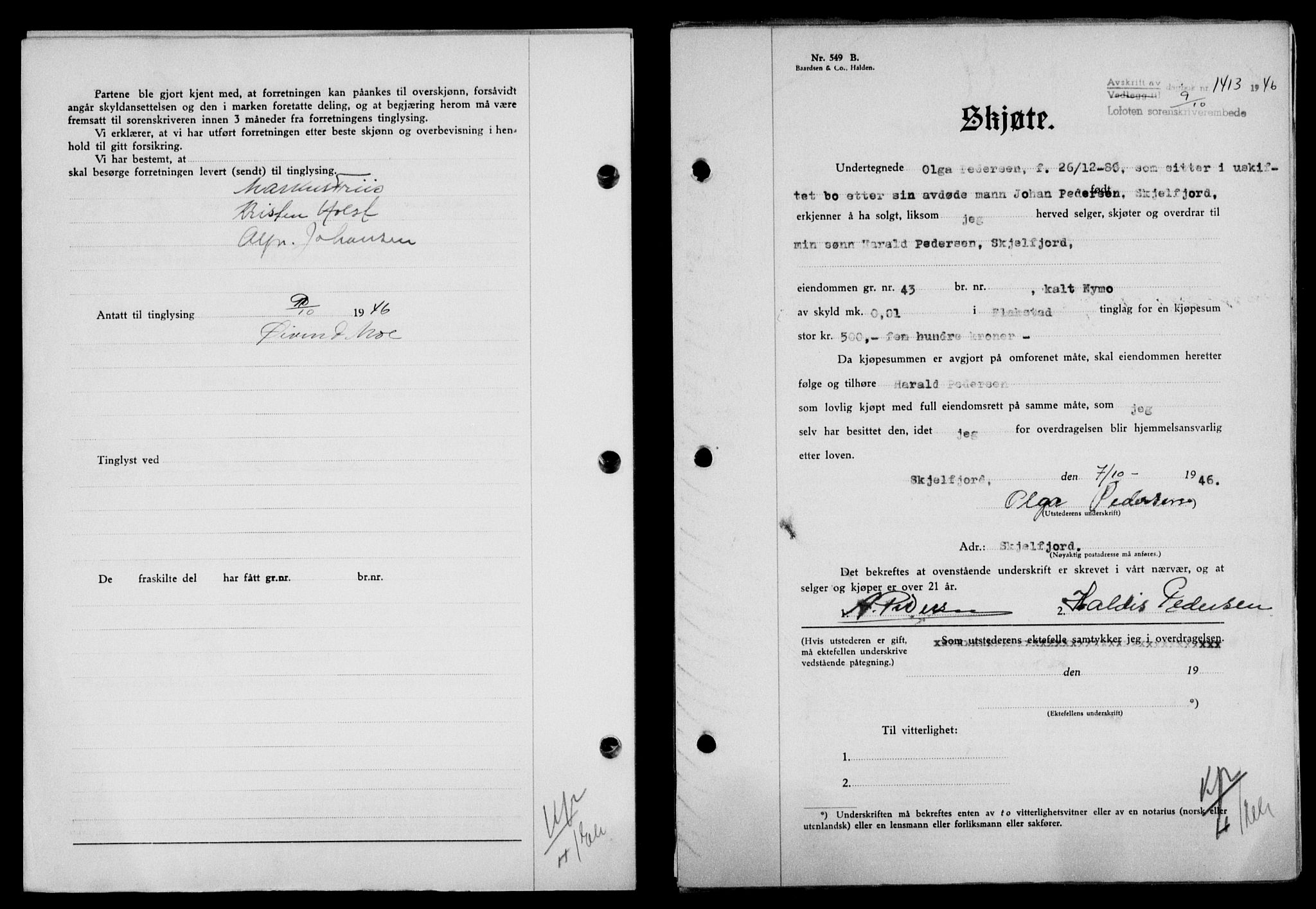 Lofoten sorenskriveri, SAT/A-0017/1/2/2C/L0014a: Mortgage book no. 14a, 1946-1946, Diary no: : 1413/1946