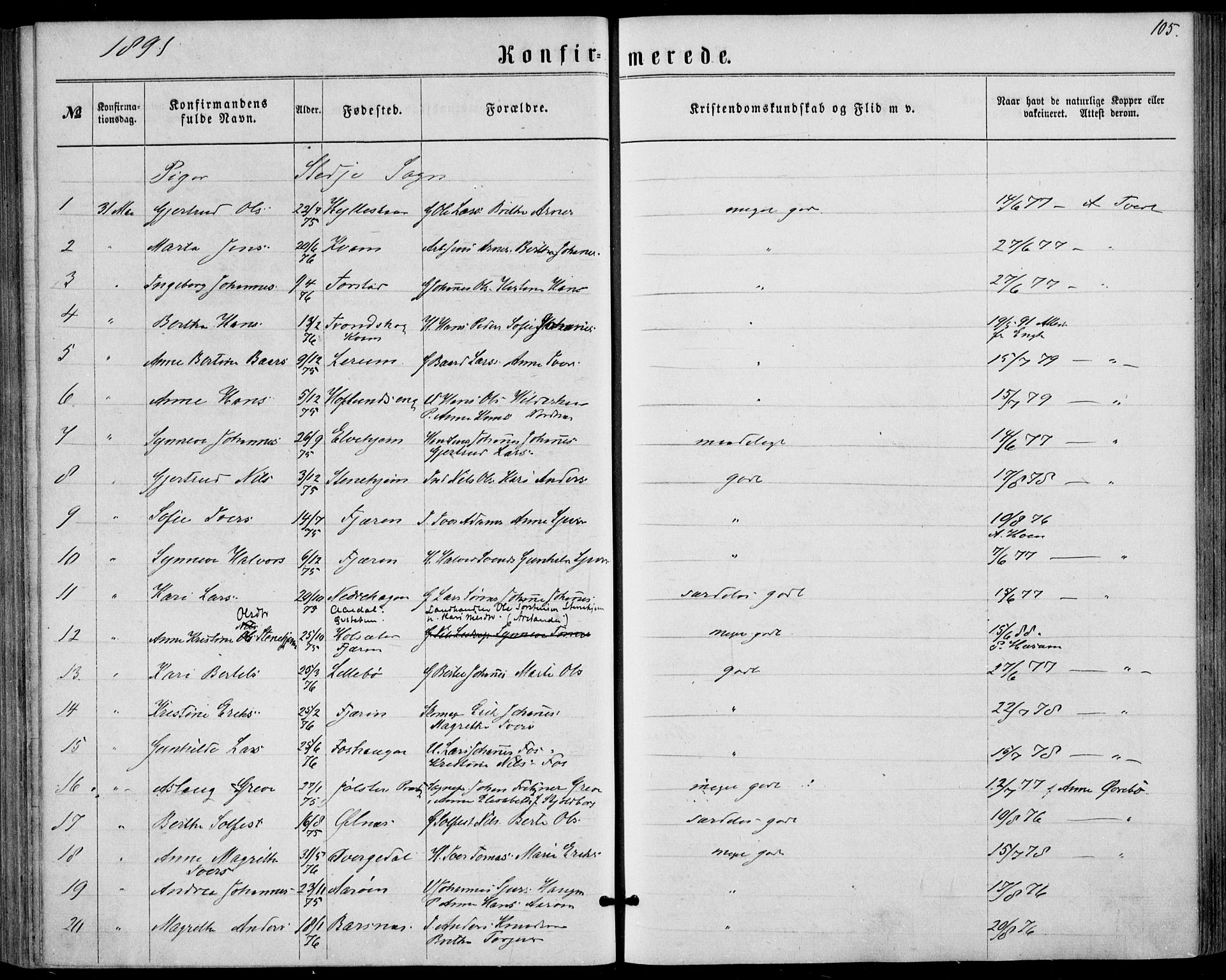 Sogndal sokneprestembete, AV/SAB-A-81301/H/Haa/Haaa/L0015: Parish register (official) no. A 15, 1871-1904, p. 105