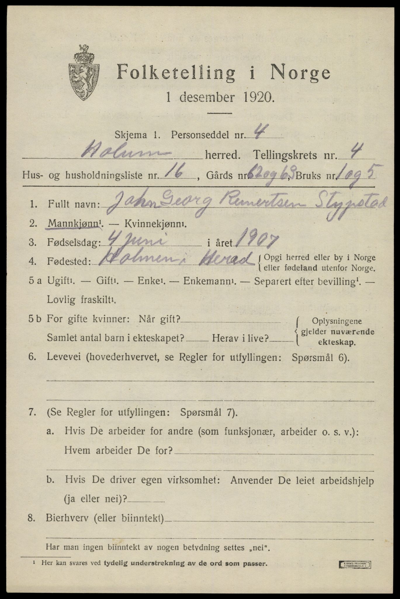 SAK, 1920 census for Holum, 1920, p. 2095