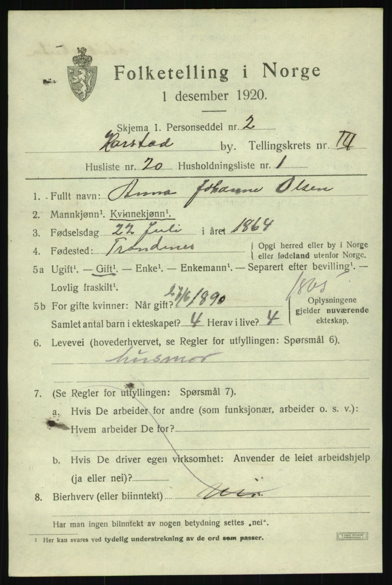 SATØ, 1920 census for Harstad, 1920, p. 4502