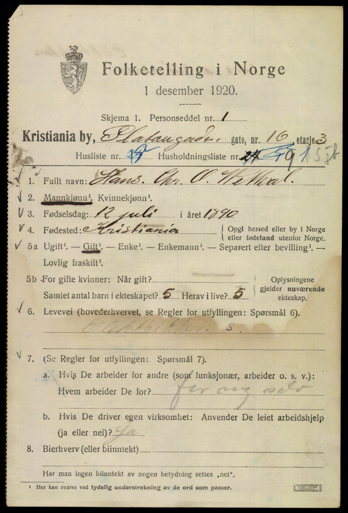 SAO, 1920 census for Kristiania, 1920, p. 455077