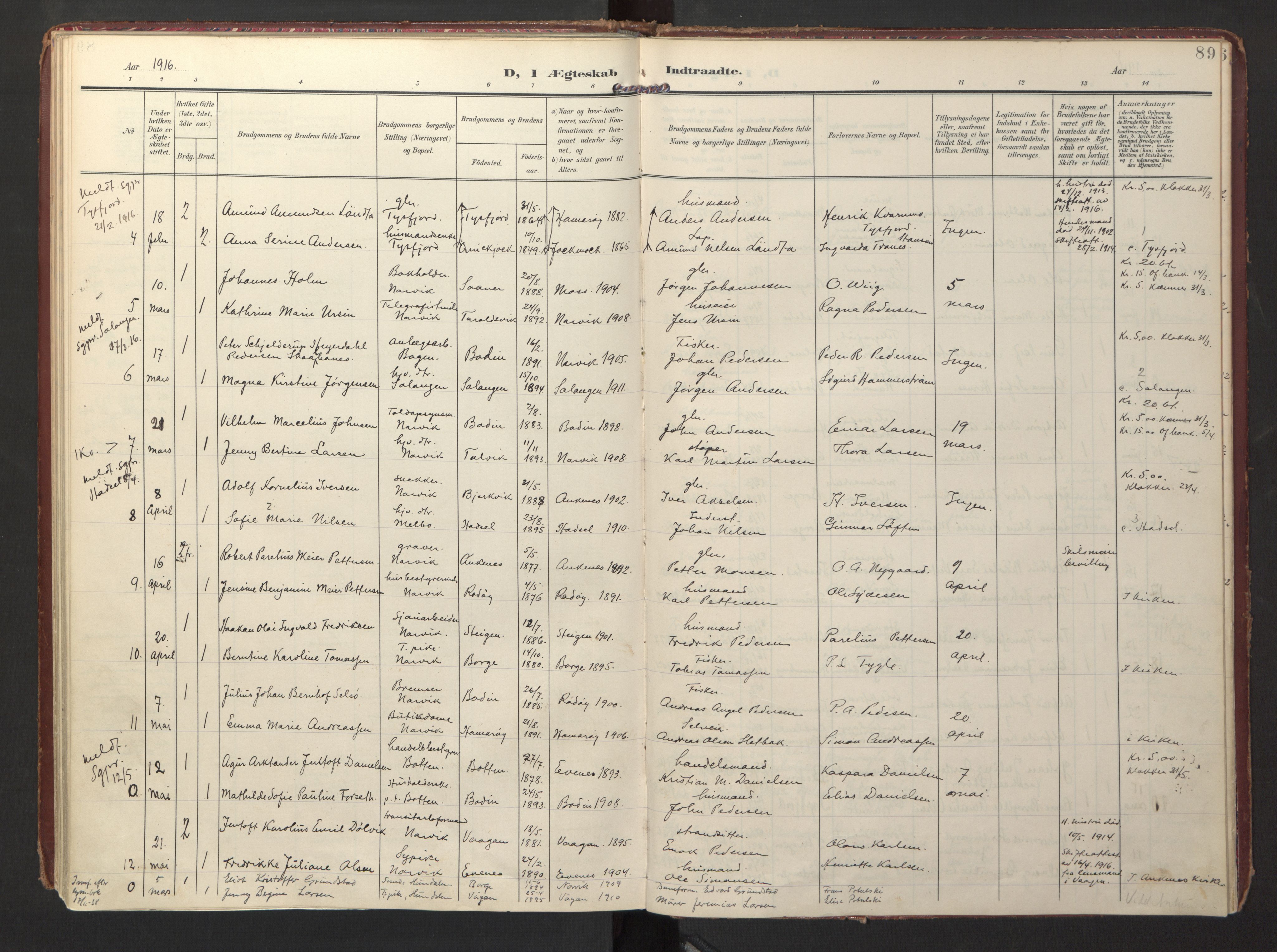 Ministerialprotokoller, klokkerbøker og fødselsregistre - Nordland, AV/SAT-A-1459/871/L0999: Parish register (official) no. 871A15, 1902-1917, p. 89