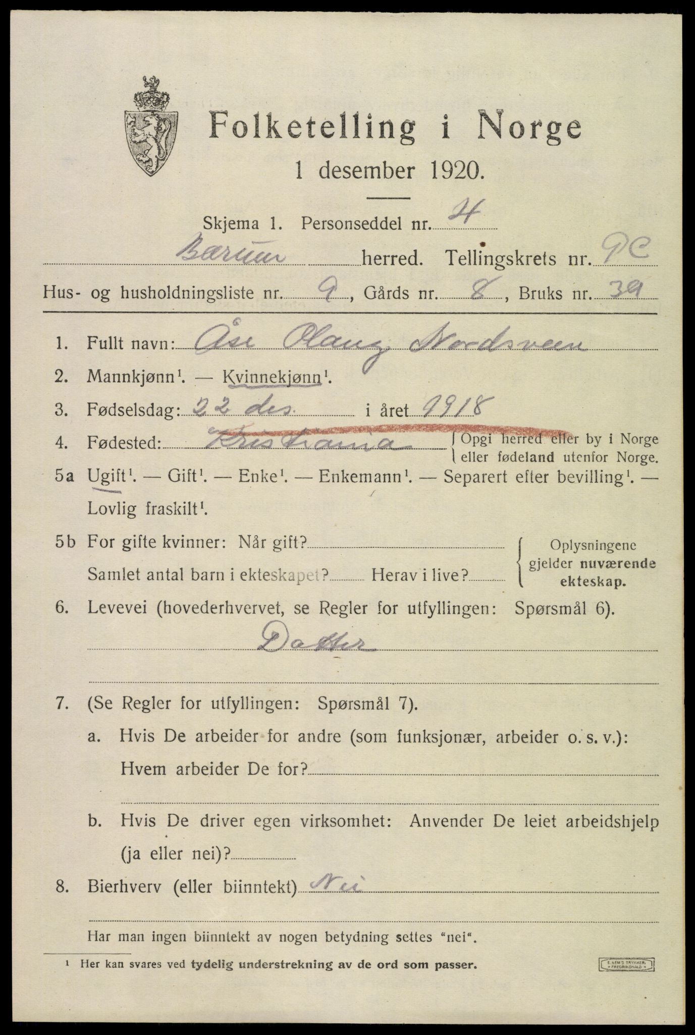 SAO, 1920 census for Bærum, 1920, p. 22000