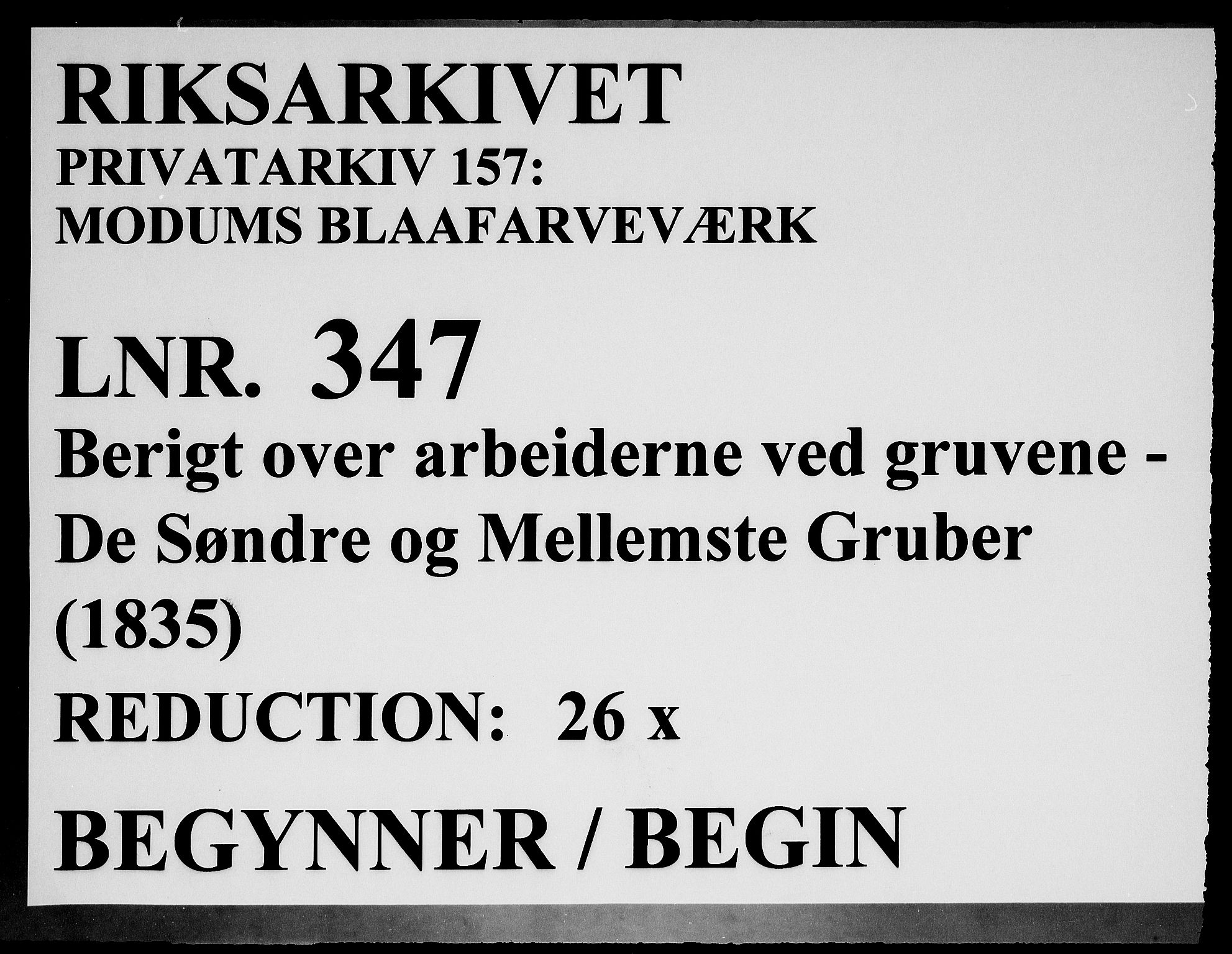 Modums Blaafarveværk, RA/PA-0157/G/Ge/L0347/0001: -- / Berigt over arbeiderne ved gruvene. Ført ukesvis. De Søndre og Mellemste Gruber, 1835, p. 1