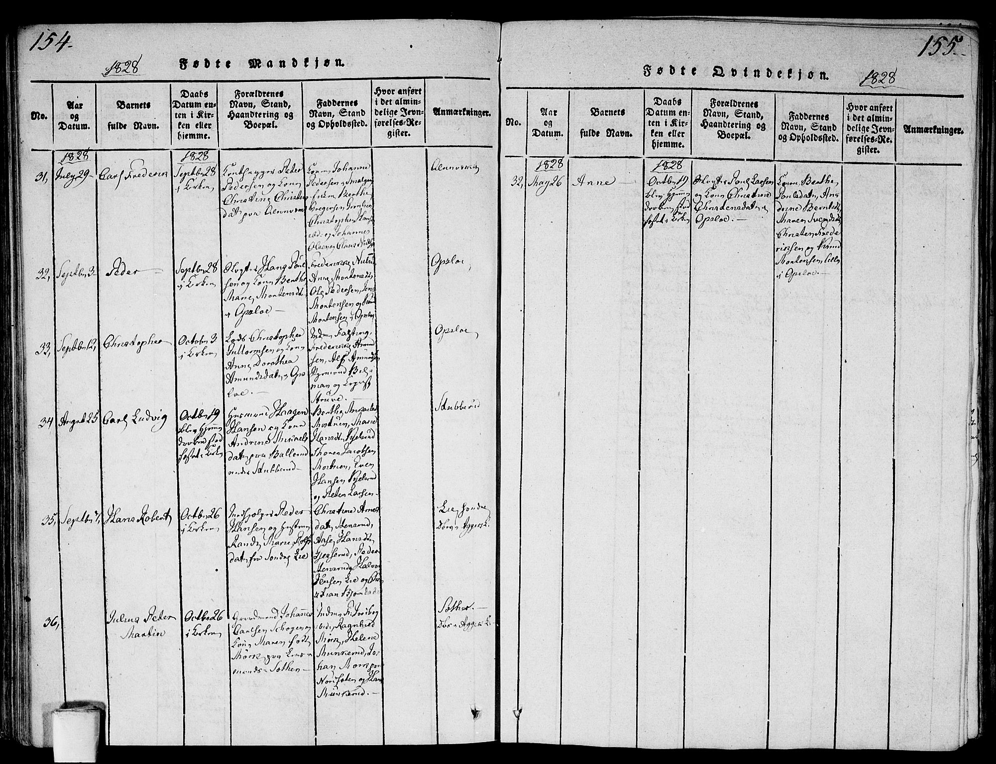 Gamlebyen prestekontor Kirkebøker, SAO/A-10884/F/Fa/L0002: Parish register (official) no. 2, 1817-1829, p. 154-155
