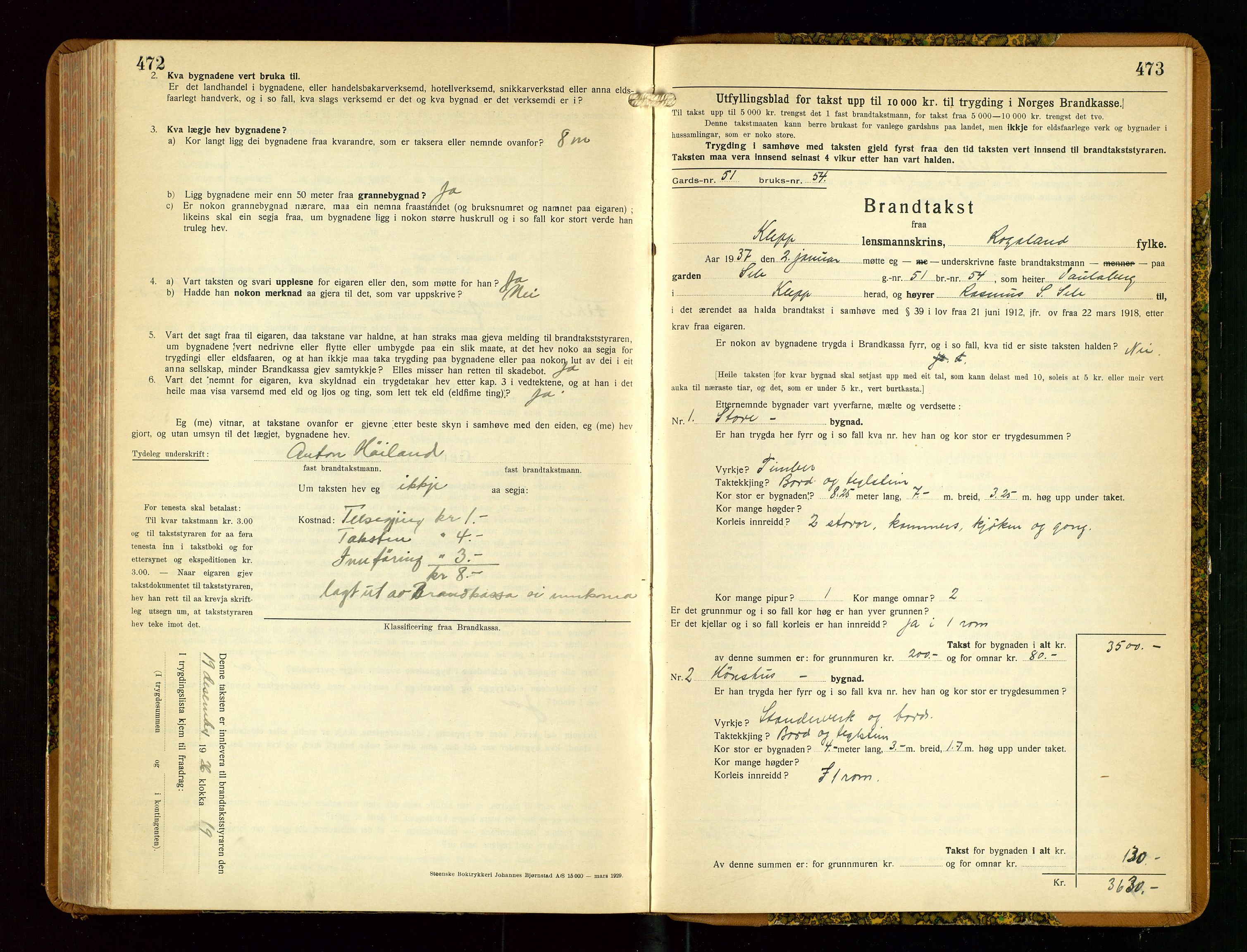 Klepp lensmannskontor, AV/SAST-A-100163/Goc/L0013: "Brandtakstbok" m/register, 1933-1937, p. 472-473