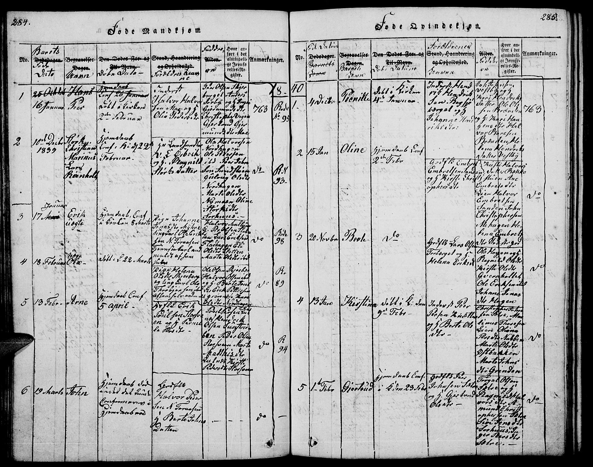 Trysil prestekontor, SAH/PREST-046/H/Ha/Hab/L0004: Parish register (copy) no. 4, 1814-1841, p. 284-285