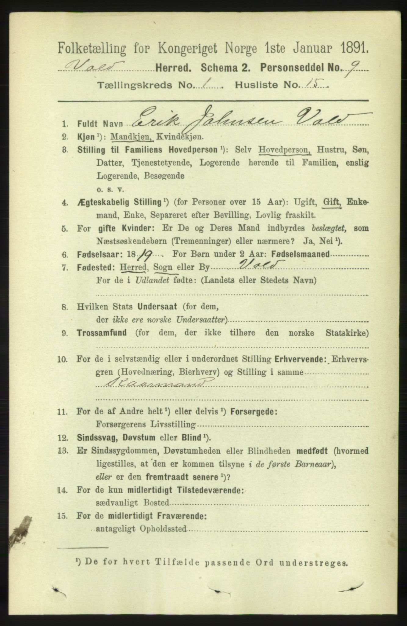 RA, 1891 census for 1537 Voll, 1891, p. 186