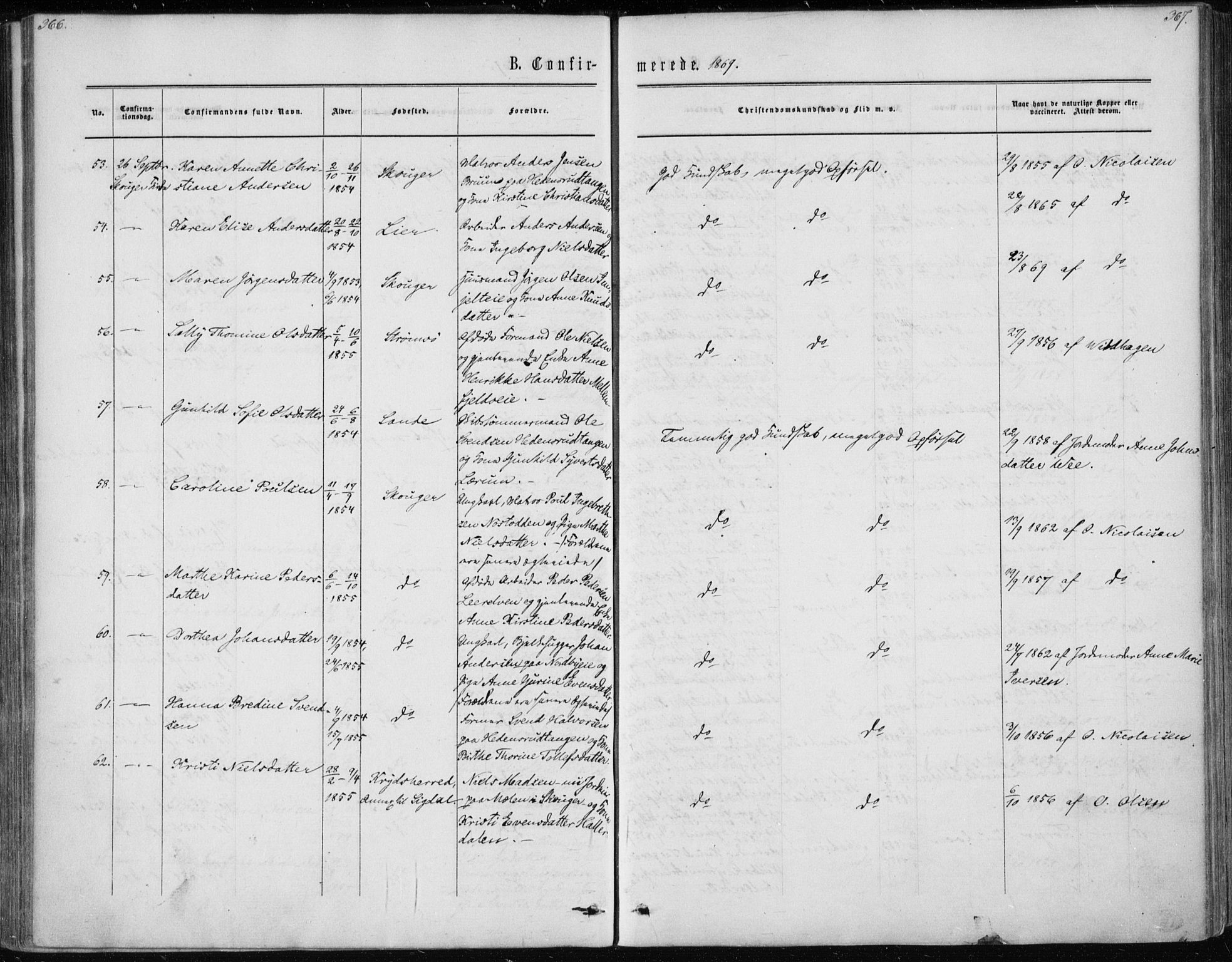 Skoger kirkebøker, AV/SAKO-A-59/F/Fa/L0004: Parish register (official) no. I 4, 1862-1872, p. 366-367