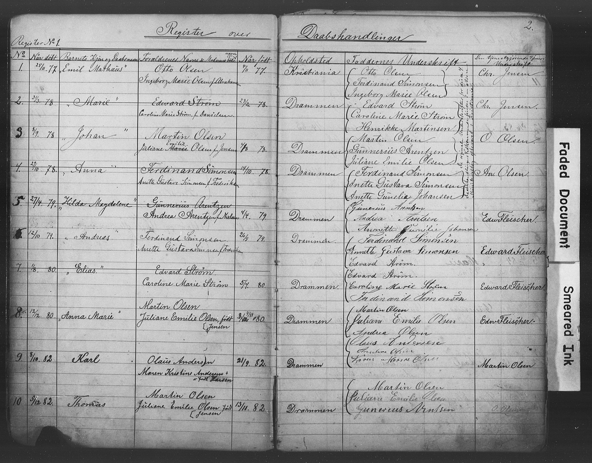 Den katolsk-apostoliske menighet i Drammen, AV/SAKO-P-949/H/Ha/L0001: Dissenter register no. 1, 1877-1899, p. 2
