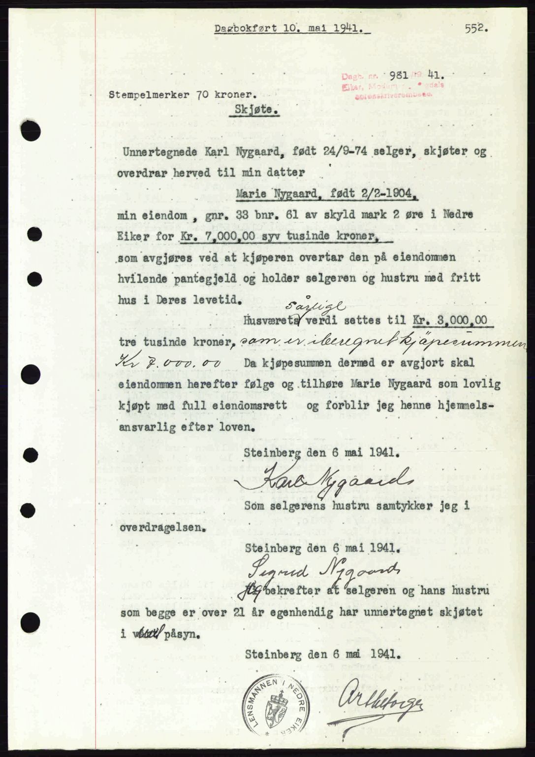 Eiker, Modum og Sigdal sorenskriveri, SAKO/A-123/G/Ga/Gab/L0043: Mortgage book no. A13, 1940-1941, Diary no: : 981/1941
