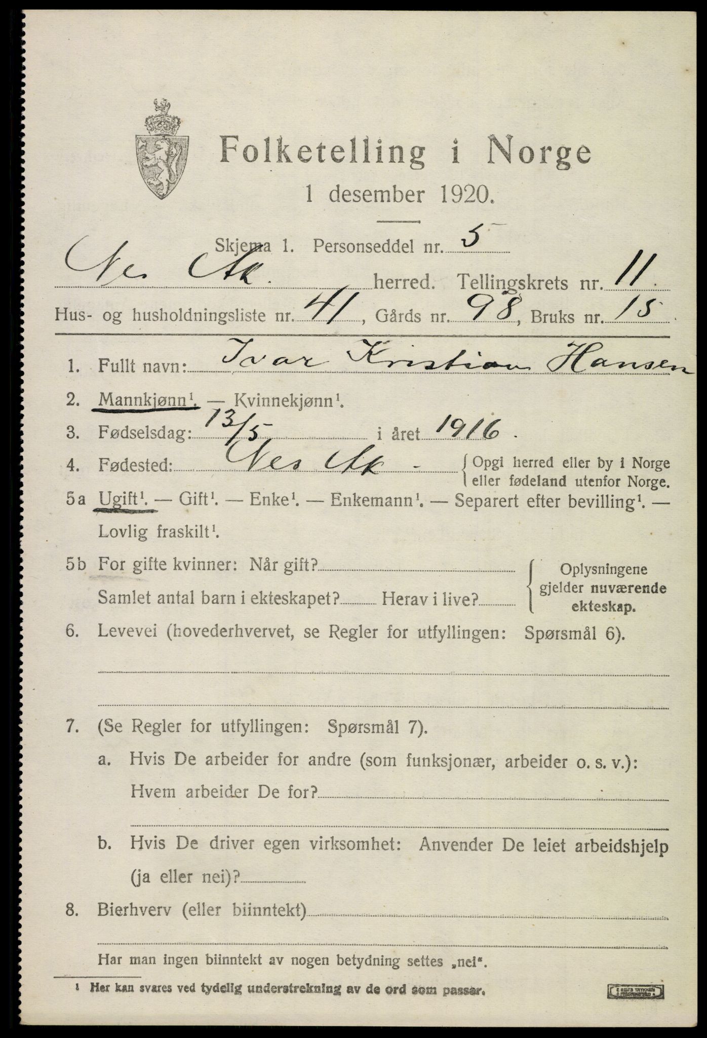 SAO, 1920 census for Nes, 1920, p. 11930