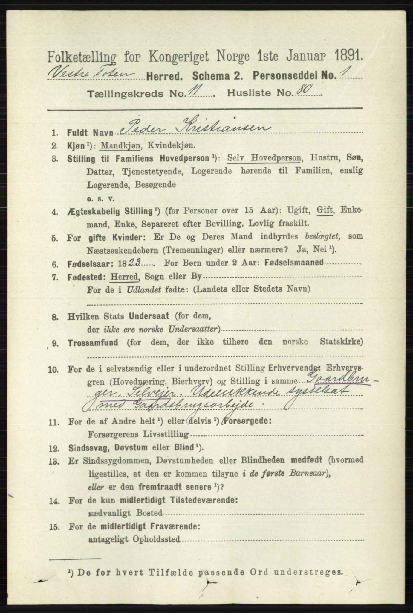 RA, 1891 census for 0529 Vestre Toten, 1891, p. 7188