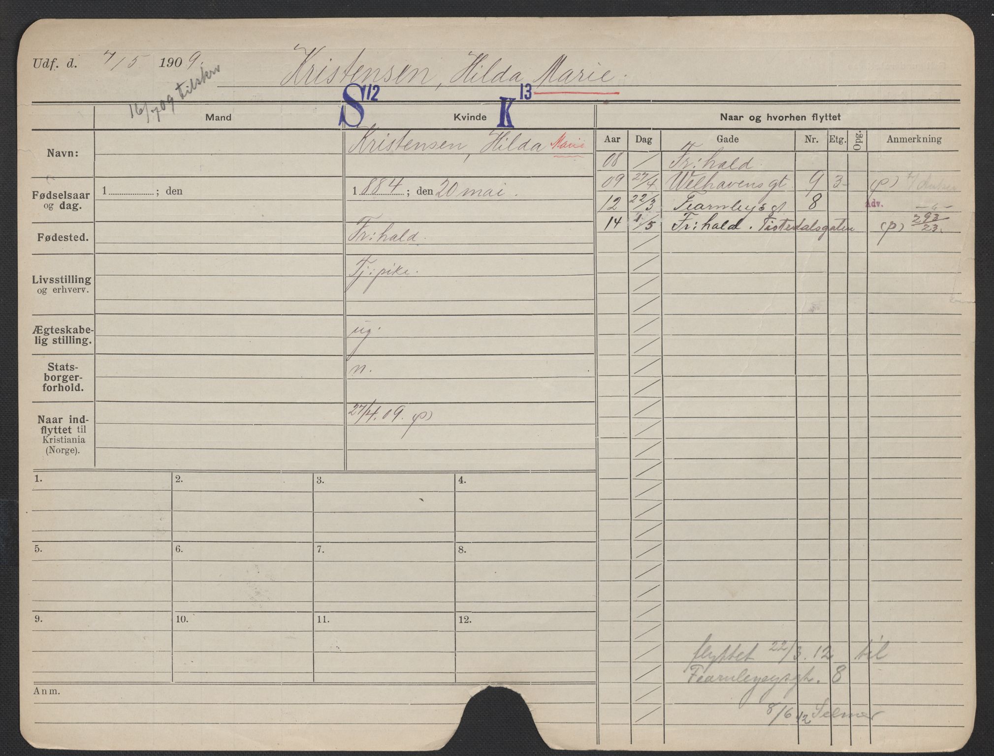 Oslo folkeregister, Registerkort, AV/SAO-A-11715/F/Fa/Fac/L0019: Kvinner, 1906-1914, p. 177a