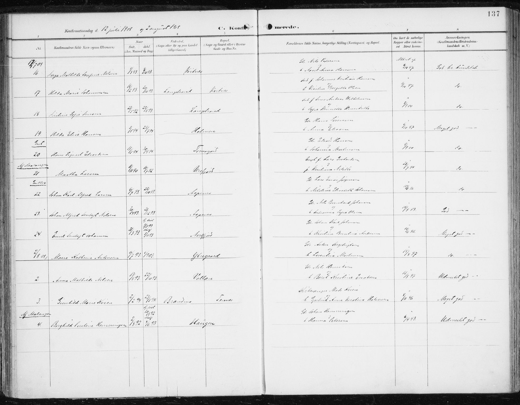 Balsfjord sokneprestembete, SATØ/S-1303/G/Ga/L0006kirke: Parish register (official) no. 6, 1897-1909, p. 137