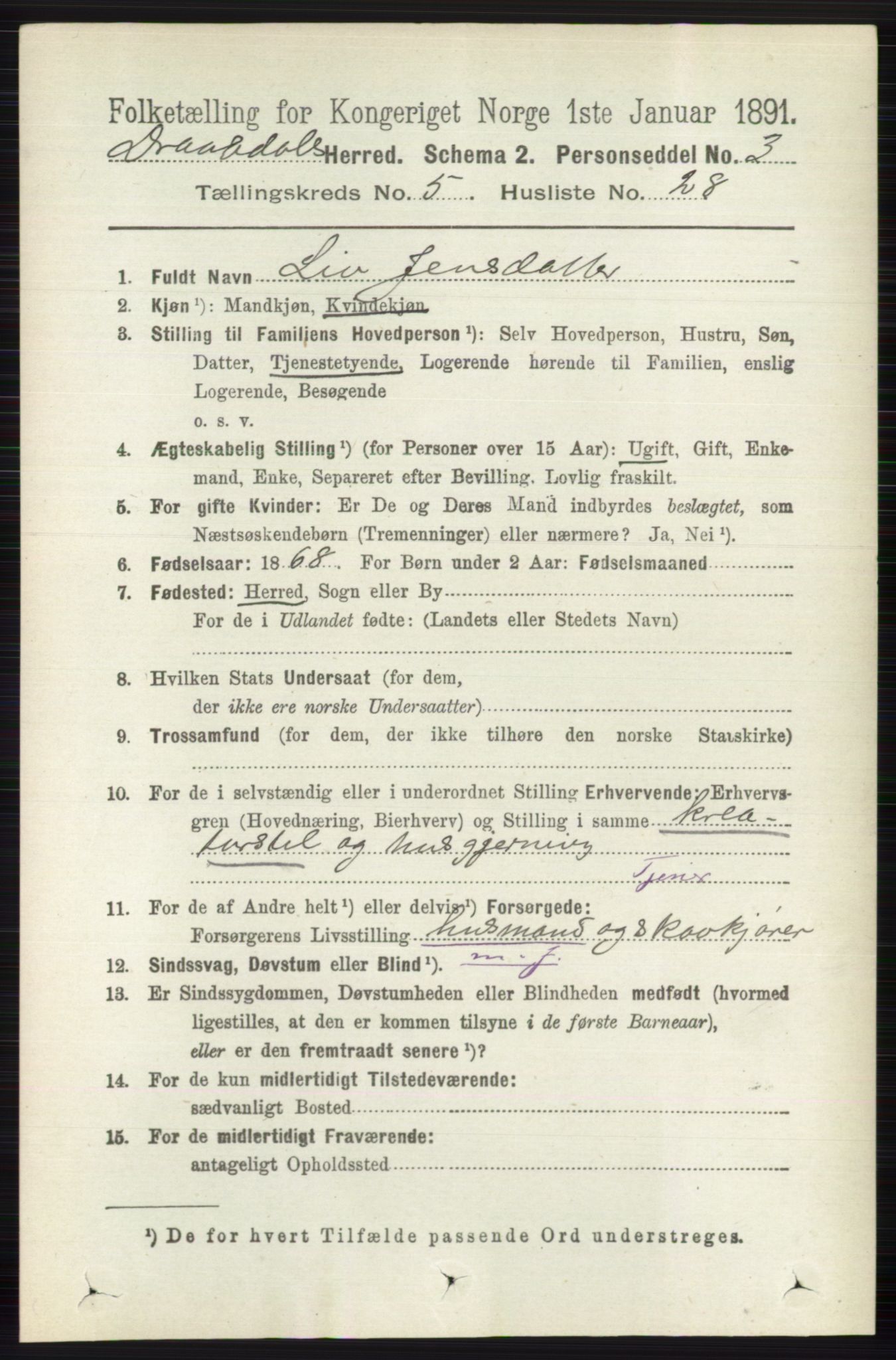 RA, 1891 census for 0817 Drangedal, 1891, p. 1848