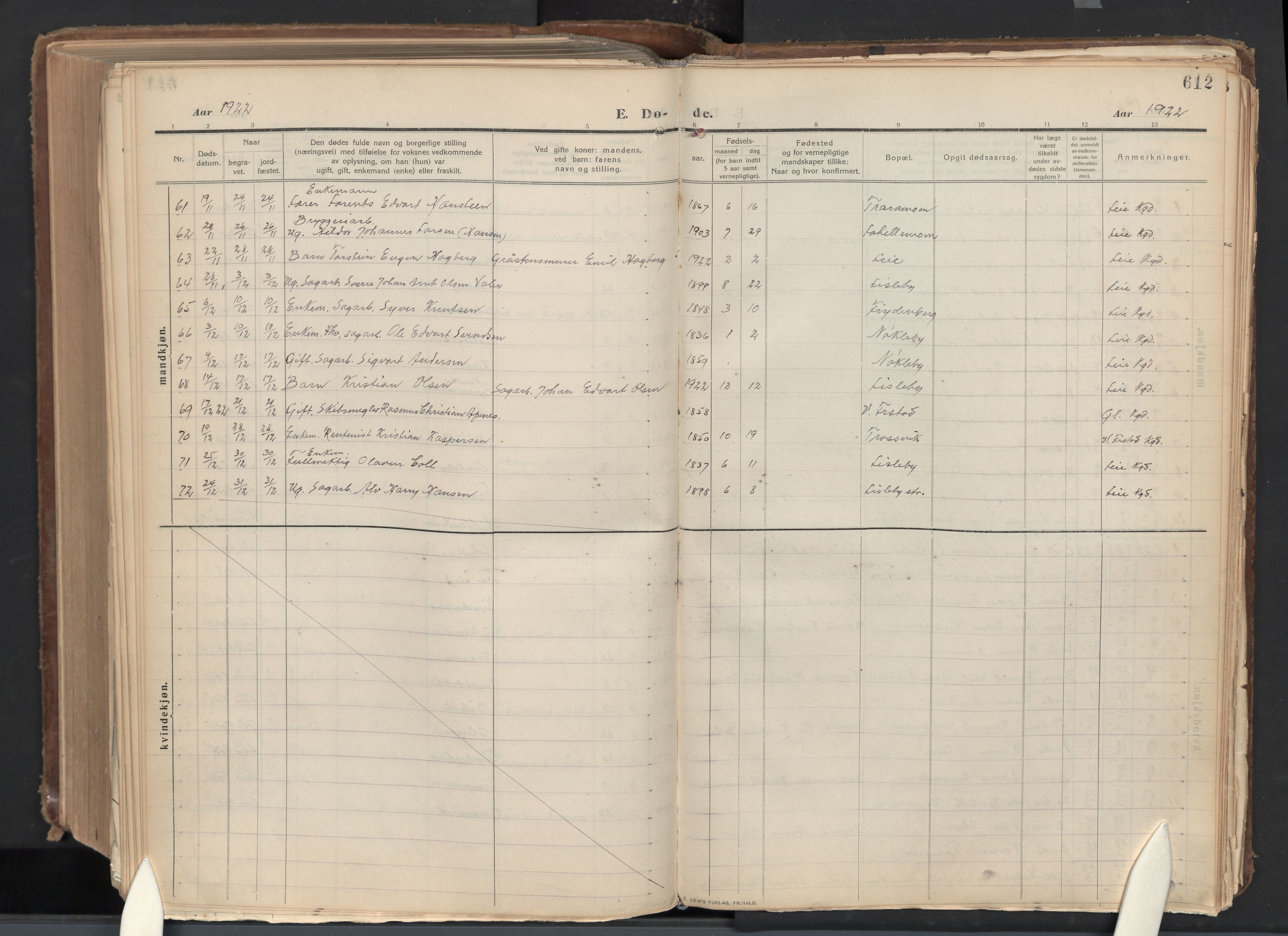 Glemmen prestekontor Kirkebøker, AV/SAO-A-10908/G/Ga/L0007: Parish register (copy) no. 7, 1909-1930, p. 612