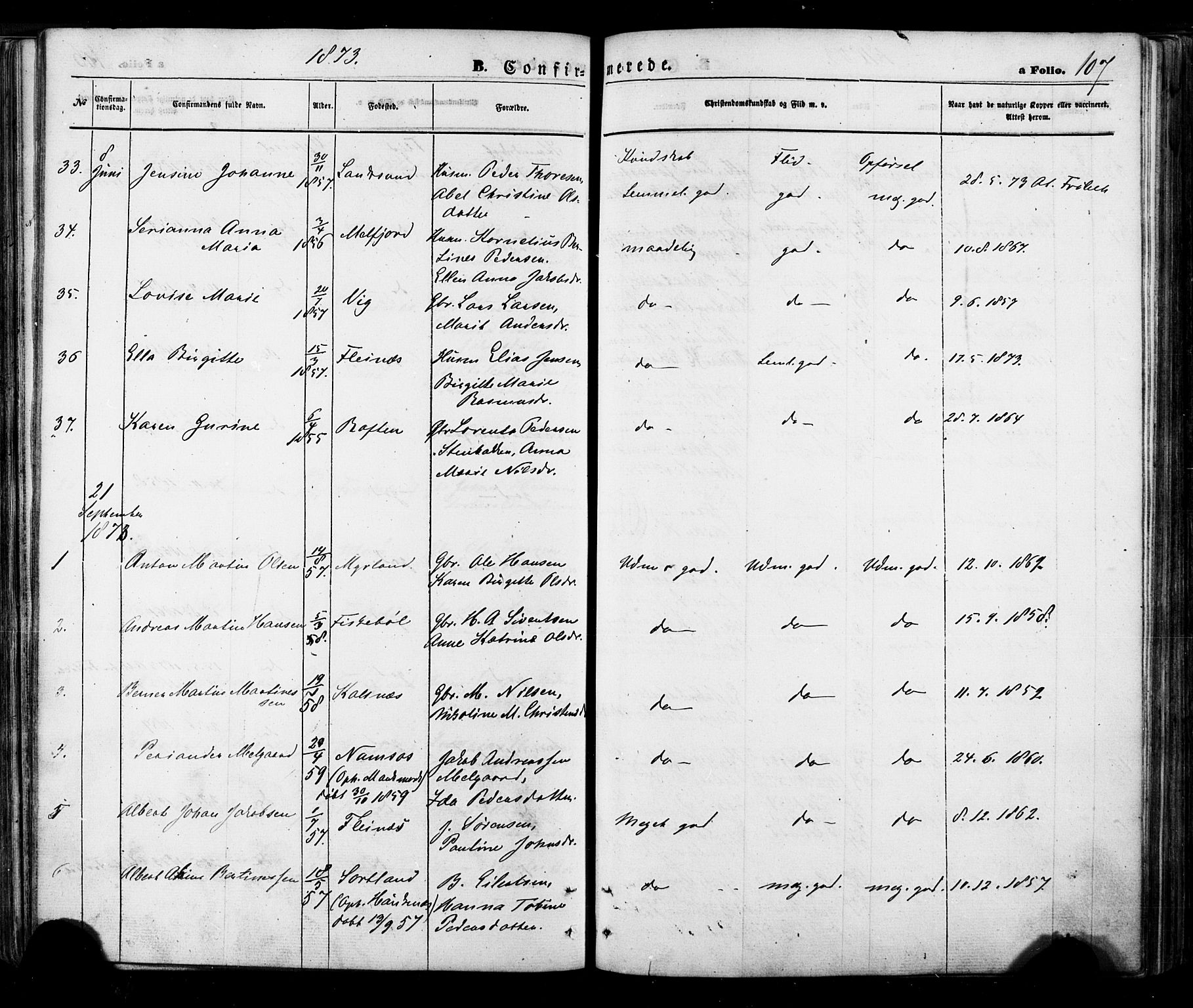 Ministerialprotokoller, klokkerbøker og fødselsregistre - Nordland, AV/SAT-A-1459/888/L1242: Parish register (official) no. 888A08, 1870-1875, p. 107