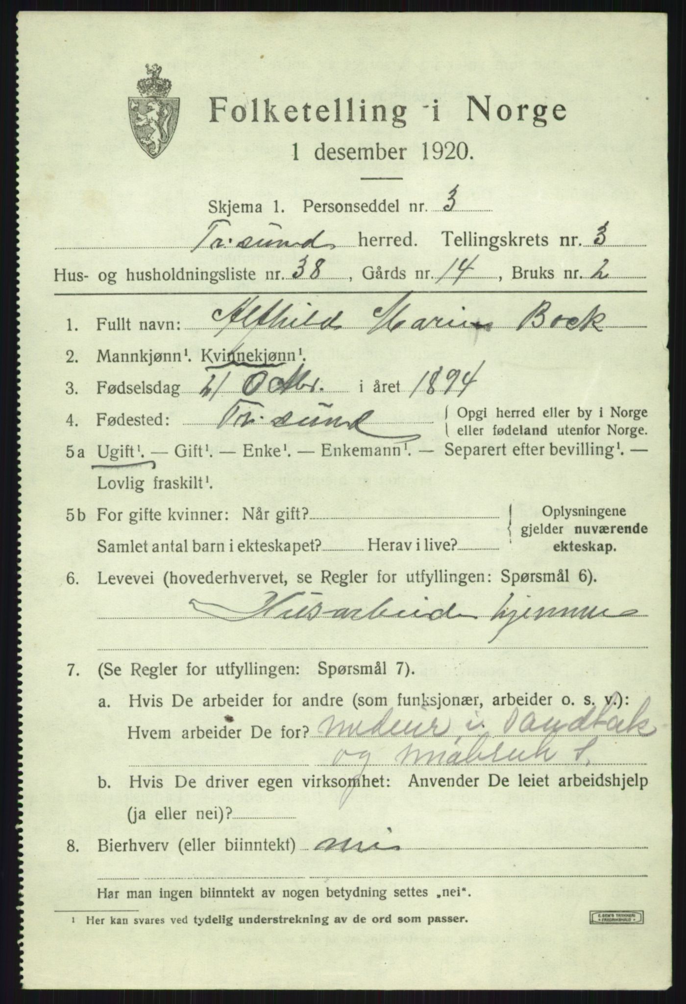 SATØ, 1920 census for Tromsøysund, 1920, p. 3190