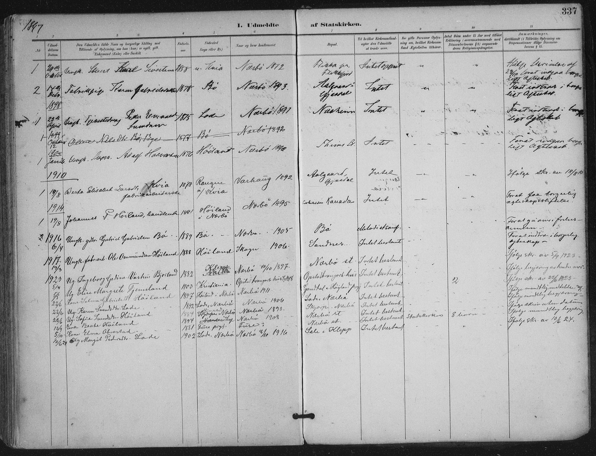 Hå sokneprestkontor, SAST/A-101801/002/B/L0001: Parish register (official) no. A 11, 1897-1924, p. 337