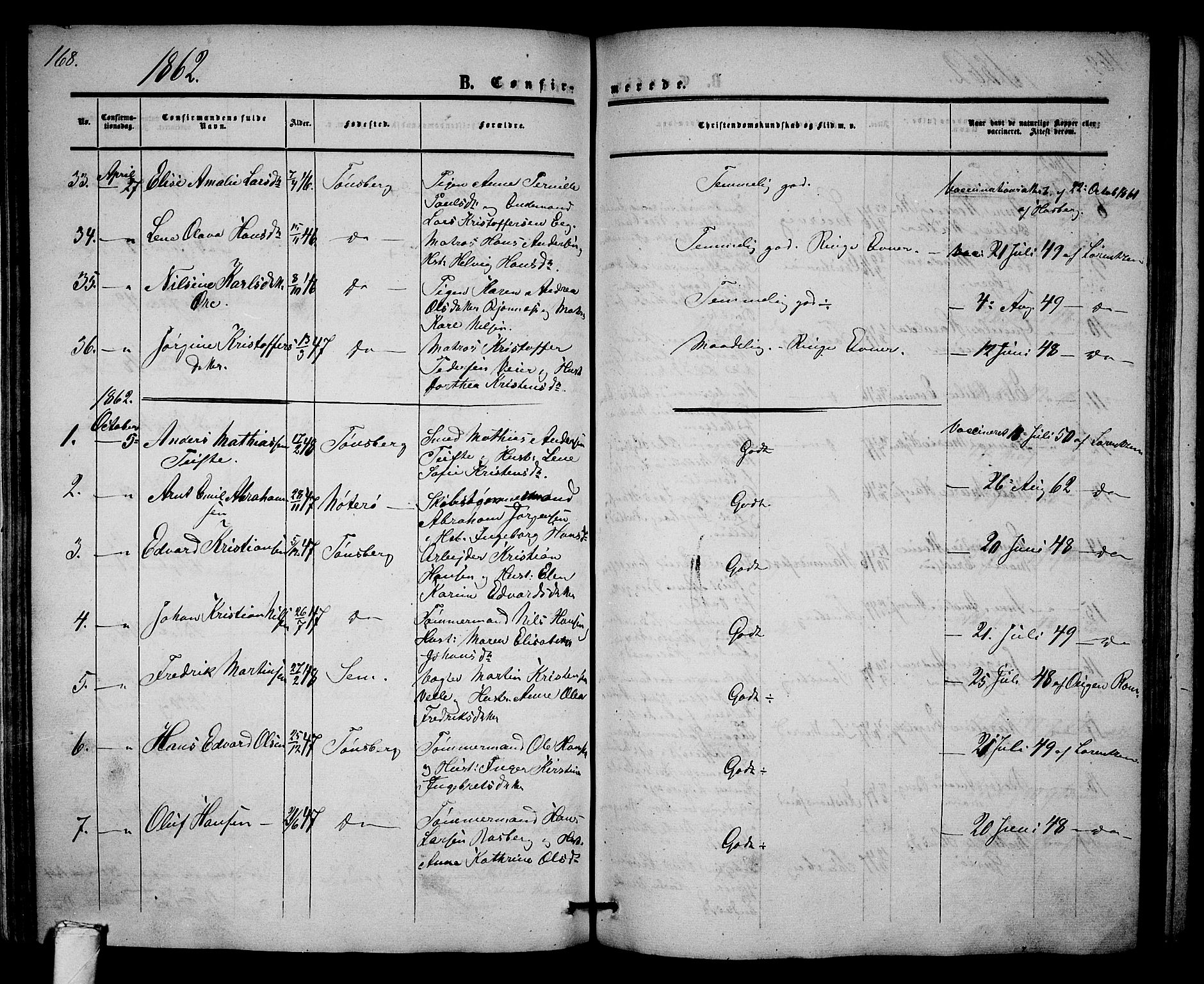 Tønsberg kirkebøker, AV/SAKO-A-330/G/Ga/L0003: Parish register (copy) no. 3, 1855-1864, p. 168