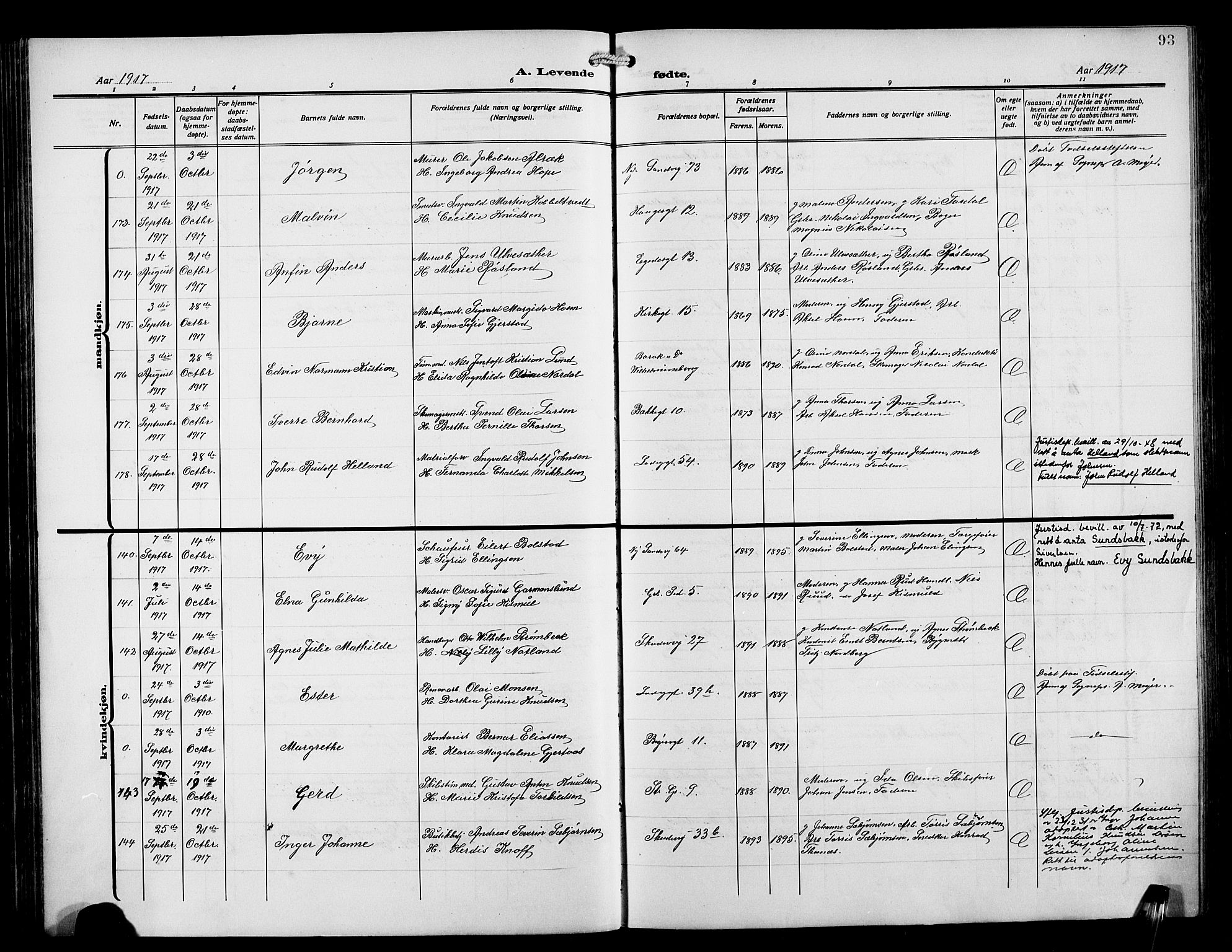 Sandviken Sokneprestembete, SAB/A-77601/H/Hb/L0005: Parish register (copy) no. B 2, 1914-1925, p. 93