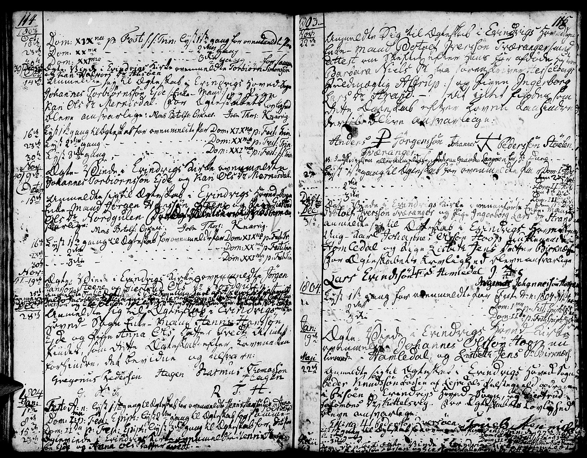 Gulen sokneprestembete, AV/SAB-A-80201/H/Haa/Haaa/L0016: Parish register (official) no. A 16, 1798-1808, p. 114-115