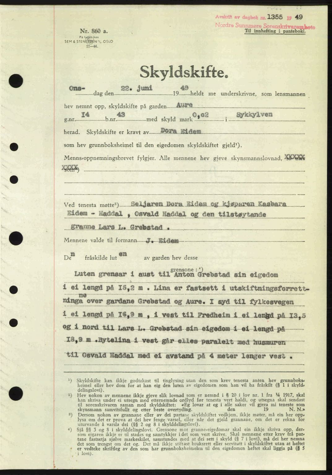 Nordre Sunnmøre sorenskriveri, AV/SAT-A-0006/1/2/2C/2Ca: Mortgage book no. A31, 1949-1949, Diary no: : 1355/1949