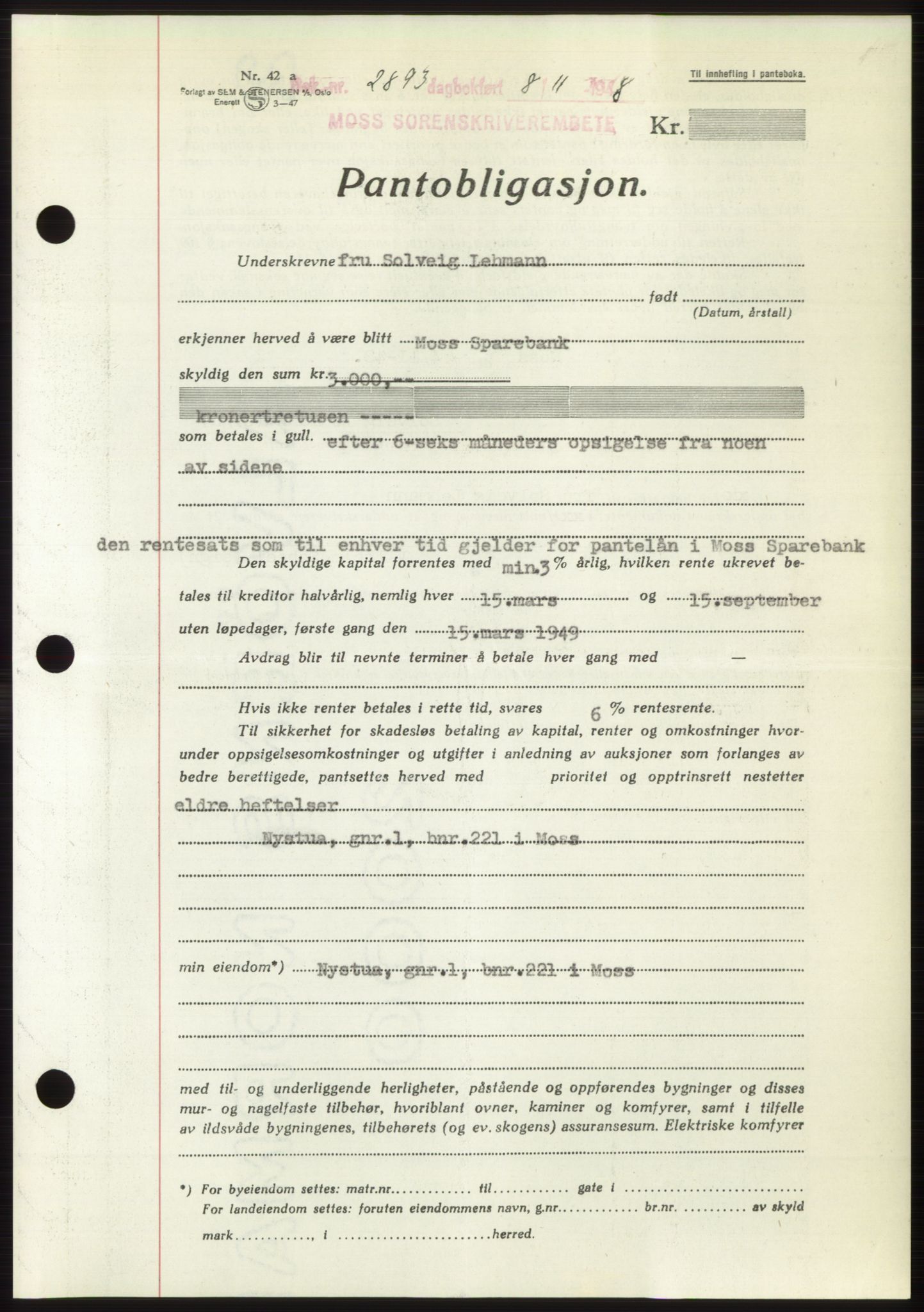 Moss sorenskriveri, AV/SAO-A-10168: Mortgage book no. B20, 1948-1948, Diary no: : 2893/1948