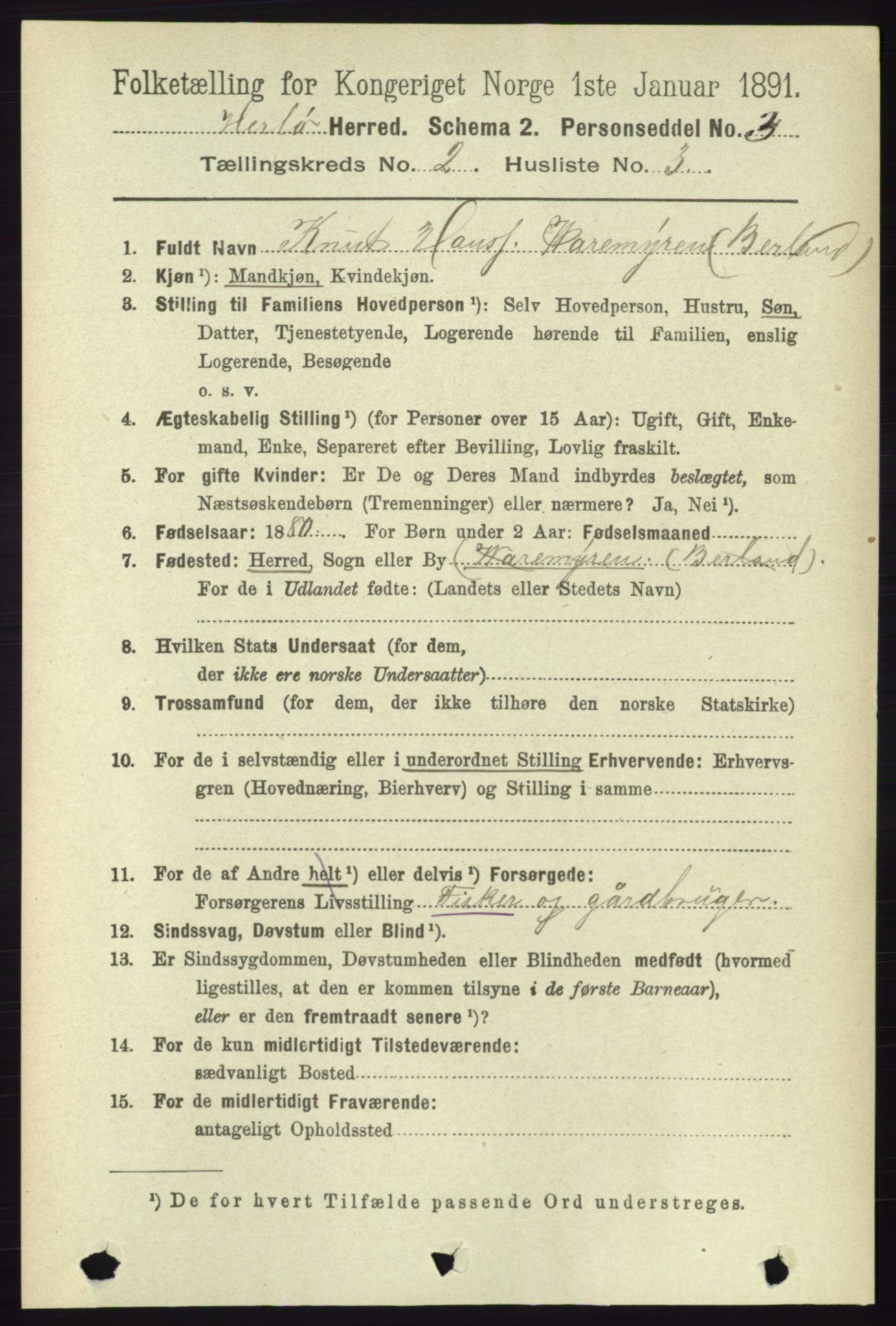 RA, 1891 census for 1258 Herdla, 1891, p. 555