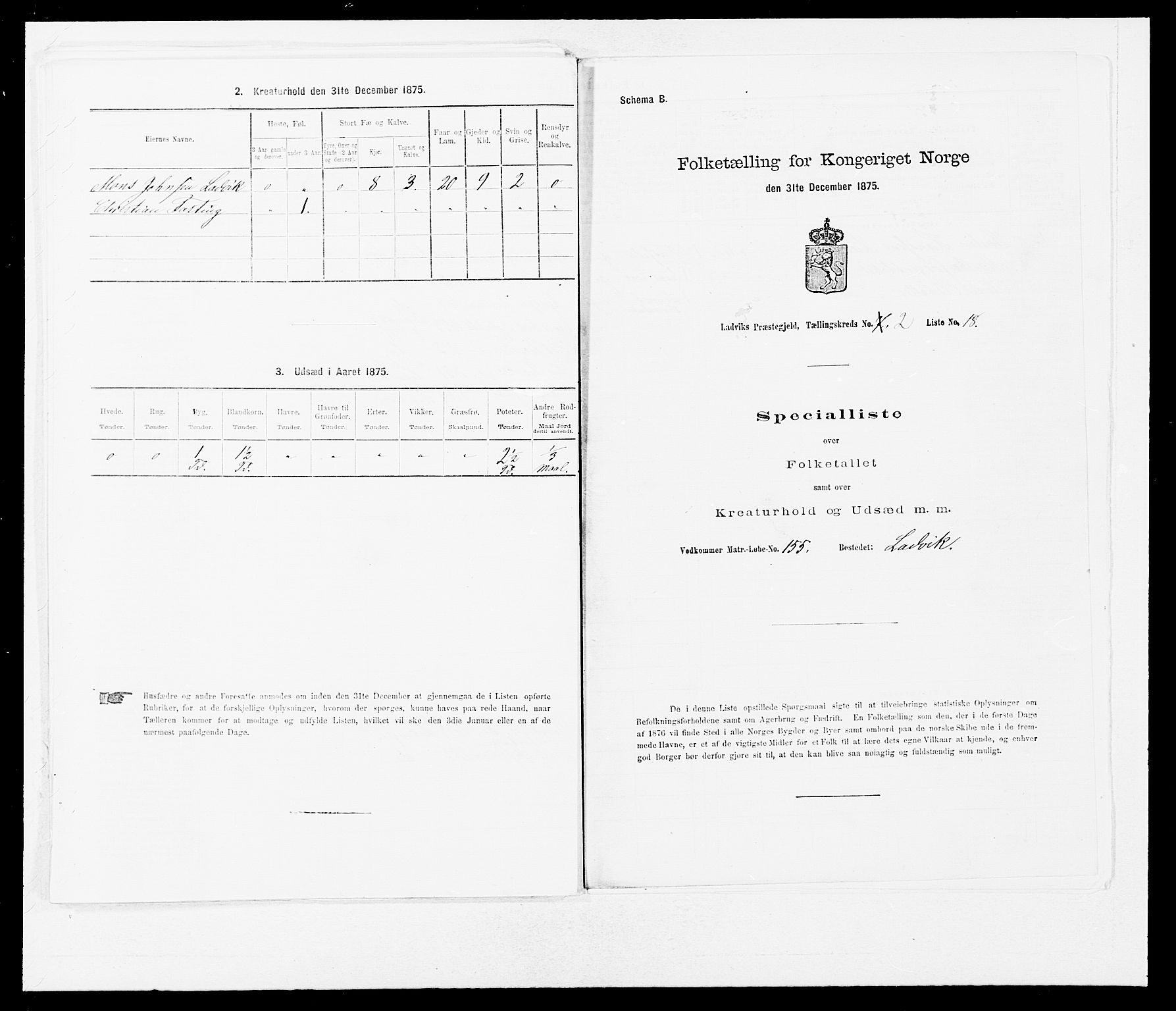 SAB, 1875 census for 1415P Lavik, 1875, p. 157
