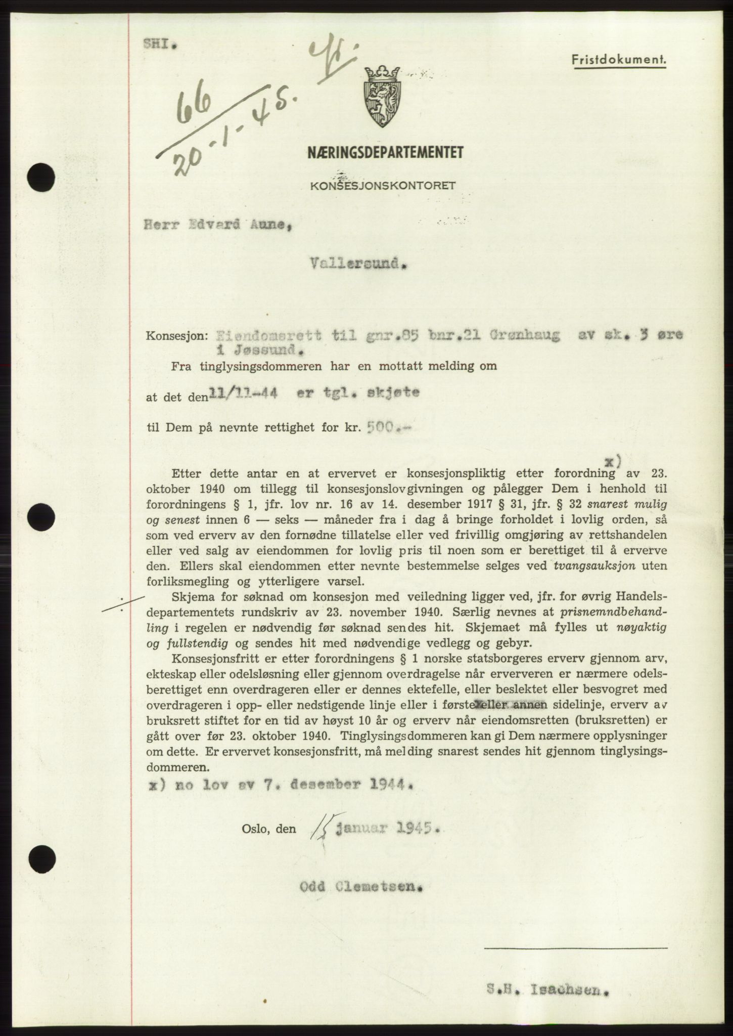 Fosen sorenskriveri, AV/SAT-A-1107/1/2/2C: Mortgage book no. B1, 1943-1946, Diary no: : 66/1945