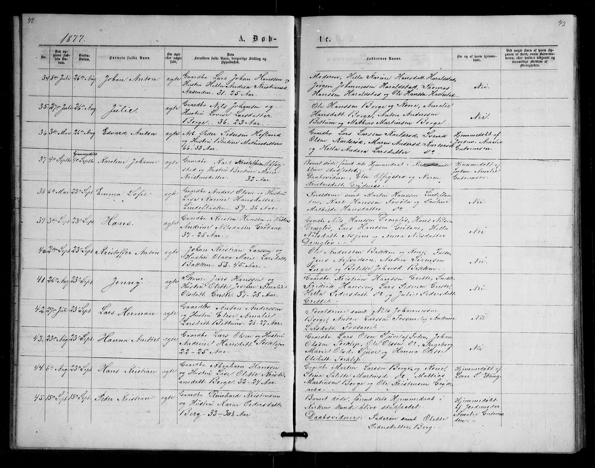 Våle kirkebøker, AV/SAKO-A-334/G/Ga/L0004a: Parish register (copy) no. I 4, 1874-1893, p. 42-43