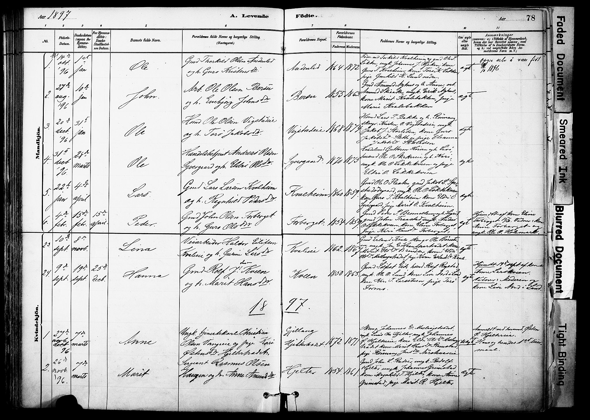 Skjåk prestekontor, SAH/PREST-072/H/Ha/Haa/L0003: Parish register (official) no. 3, 1880-1907, p. 78