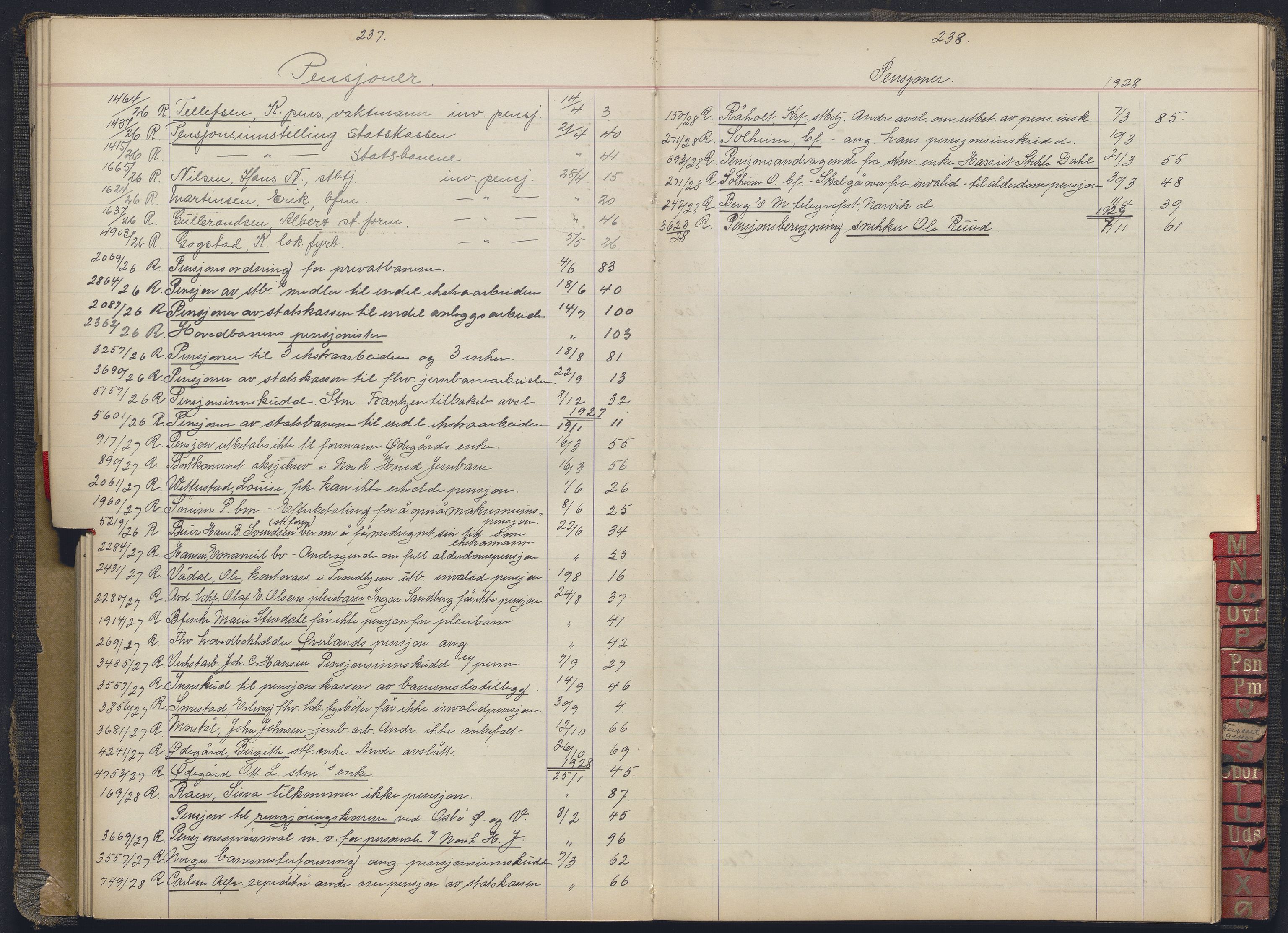 Norges statsbaner, Administrasjons- økonomi- og personalavdelingen, AV/RA-S-3412/A/Aa/L0037: Register til forhandlingsprotokoll, 1922-1928, p. 237-238