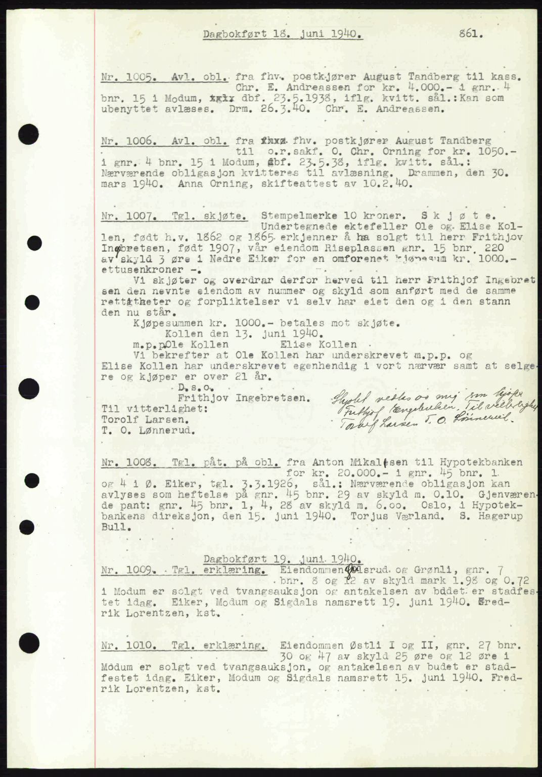 Eiker, Modum og Sigdal sorenskriveri, SAKO/A-123/G/Ga/Gab/L0041: Mortgage book no. A11, 1939-1940, Diary no: : 1005/1940