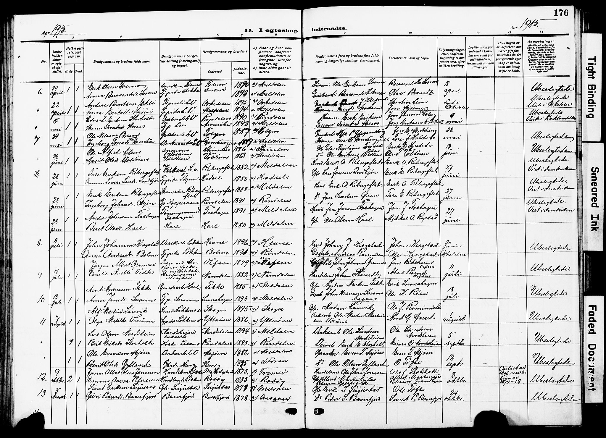 Ministerialprotokoller, klokkerbøker og fødselsregistre - Sør-Trøndelag, AV/SAT-A-1456/672/L0865: Parish register (copy) no. 672C04, 1914-1928, p. 176