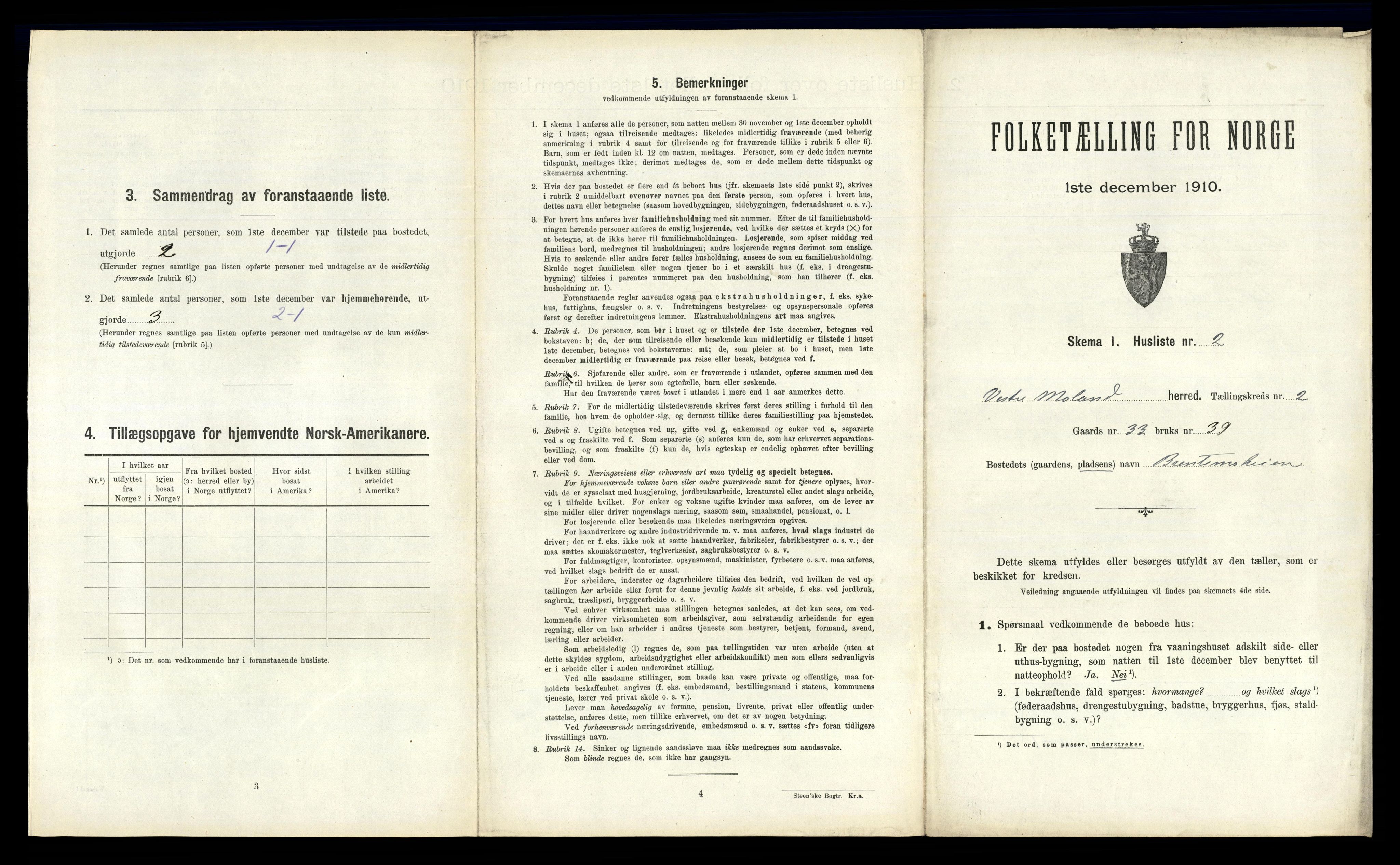 RA, 1910 census for Vestre Moland, 1910, p. 186