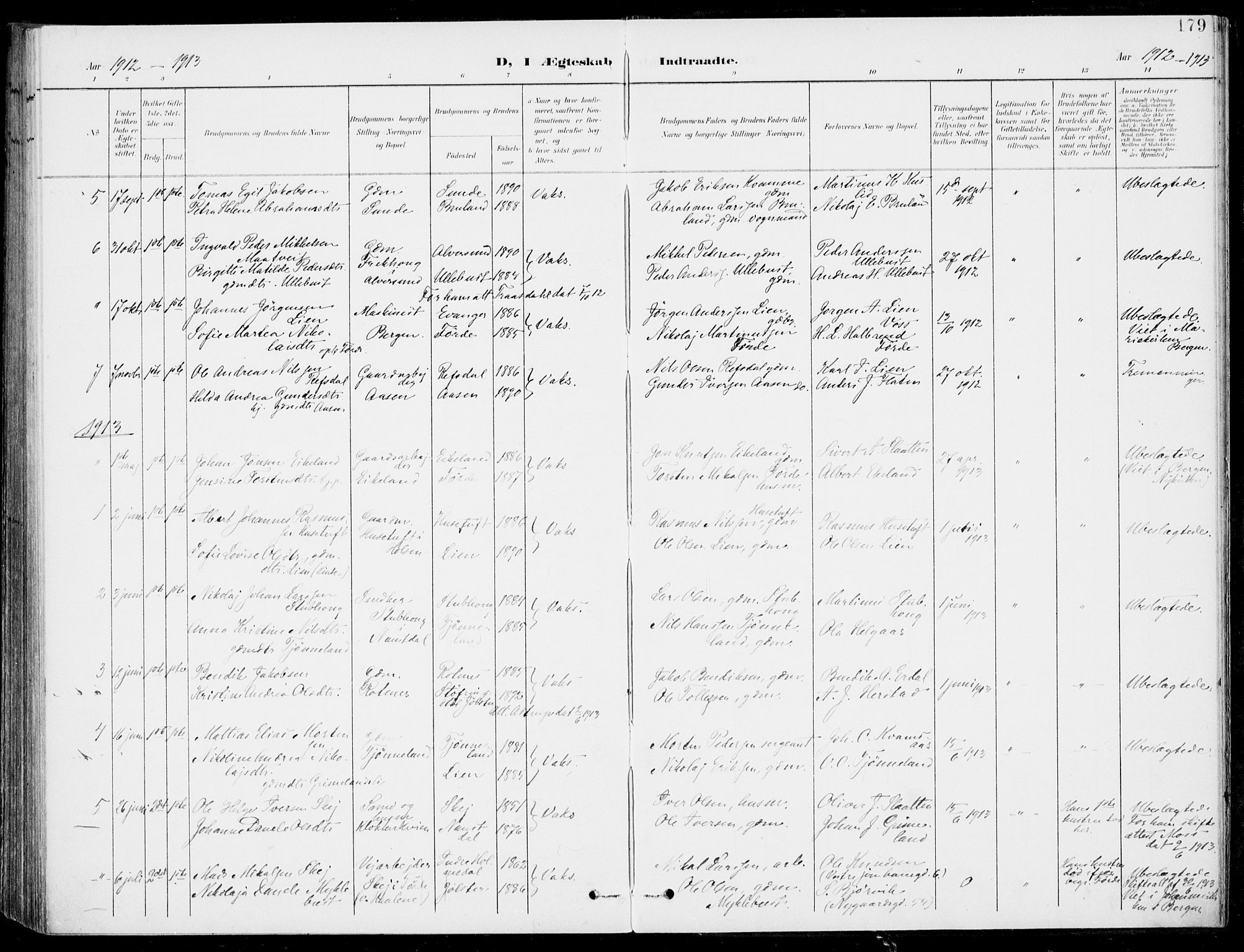 Førde sokneprestembete, SAB/A-79901/H/Haa/Haab/L0002: Parish register (official) no. B  2, 1899-1920, p. 179