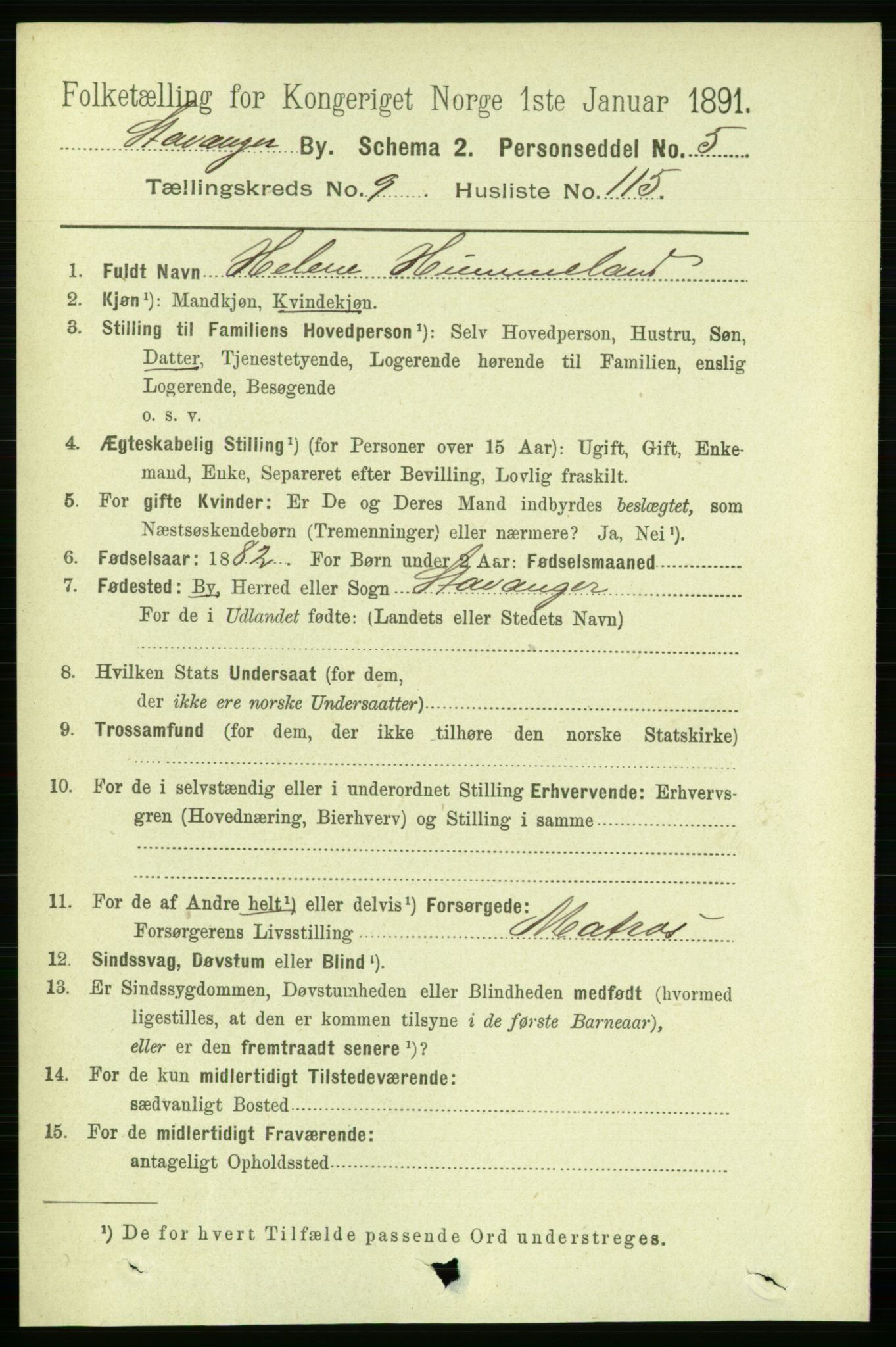 RA, 1891 census for 1103 Stavanger, 1891, p. 13704