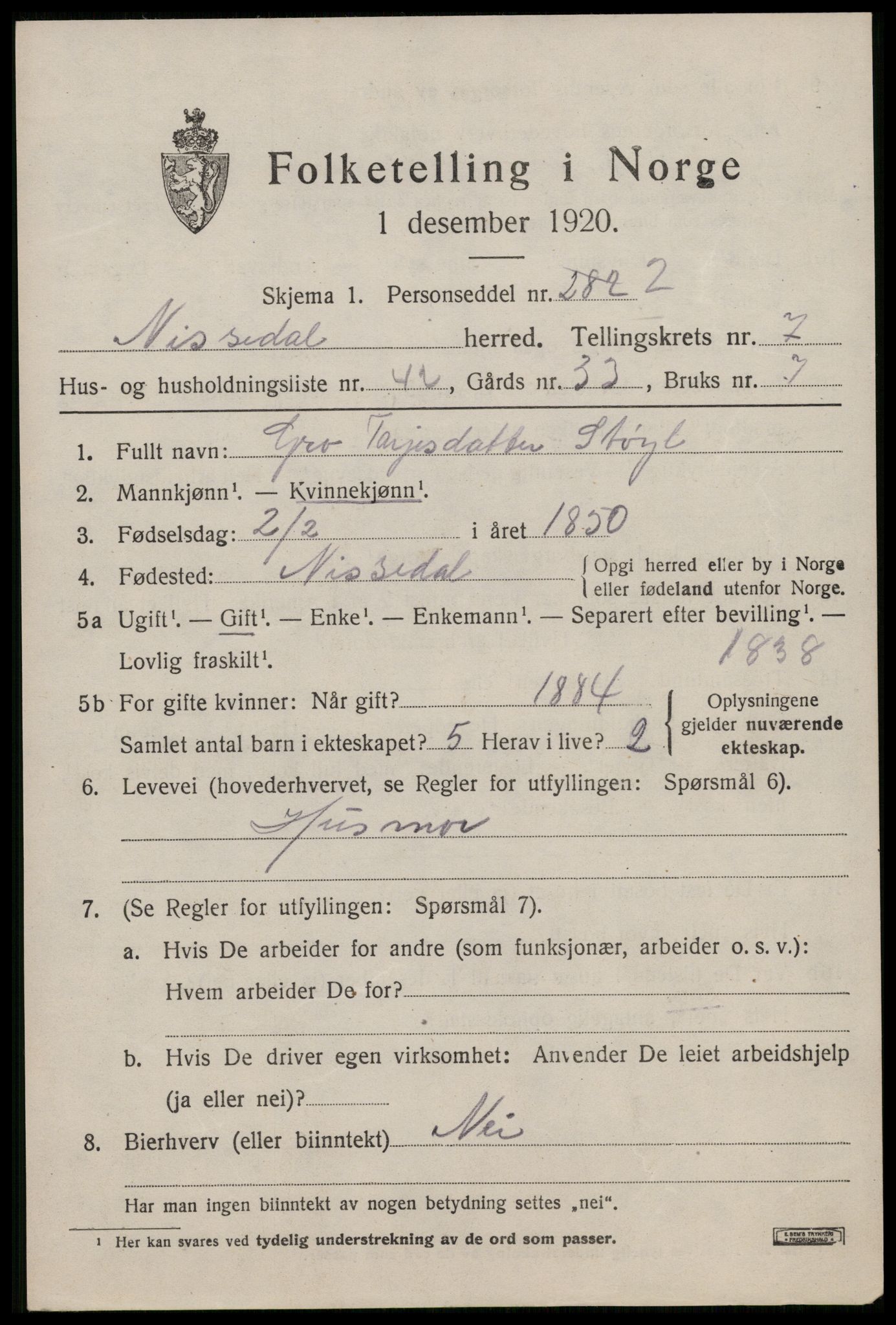 SAKO, 1920 census for Nissedal, 1920, p. 3035