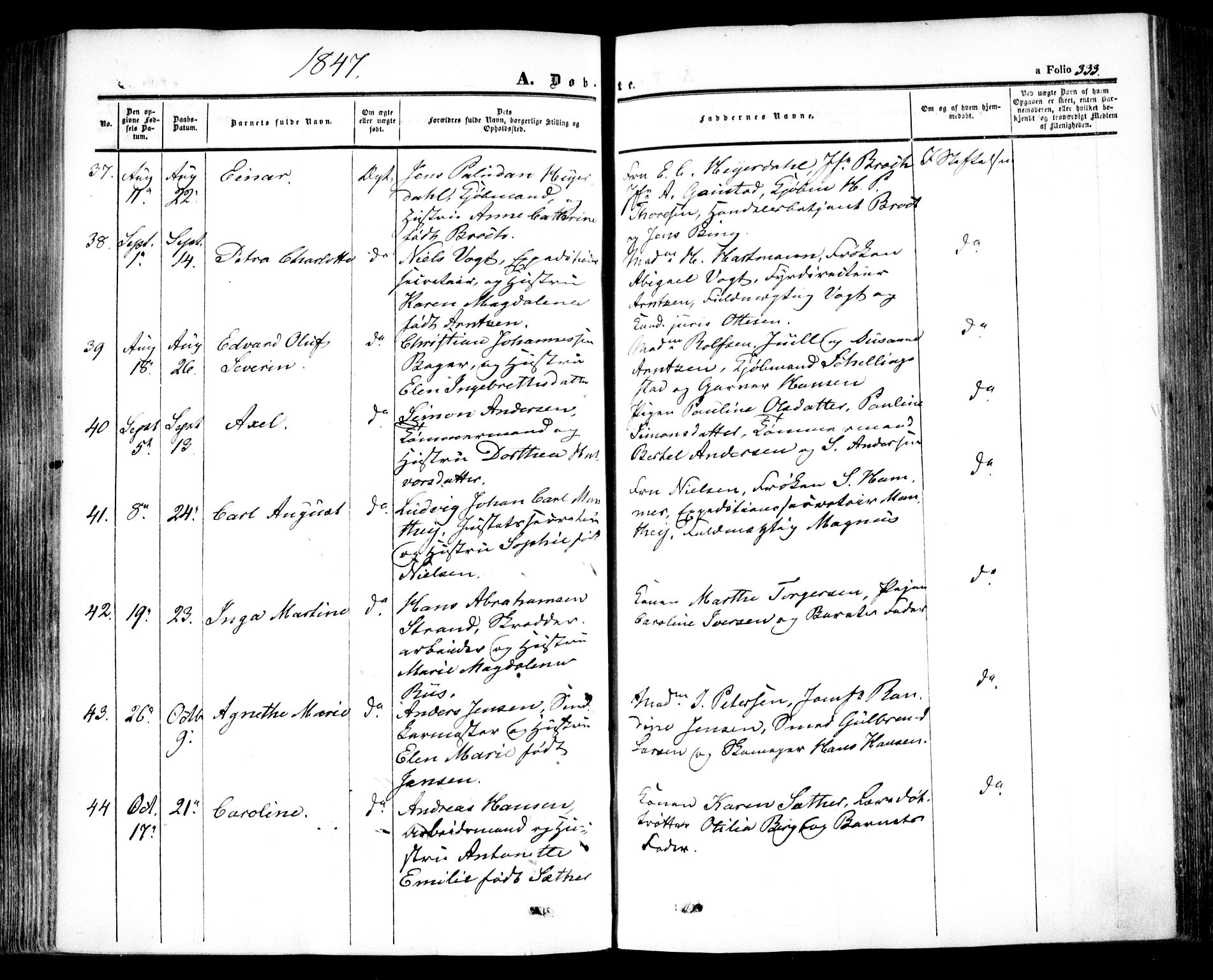 Oslo domkirke Kirkebøker, SAO/A-10752/F/Fa/L0013: Parish register (official) no. 13, 1844-1864, p. 333