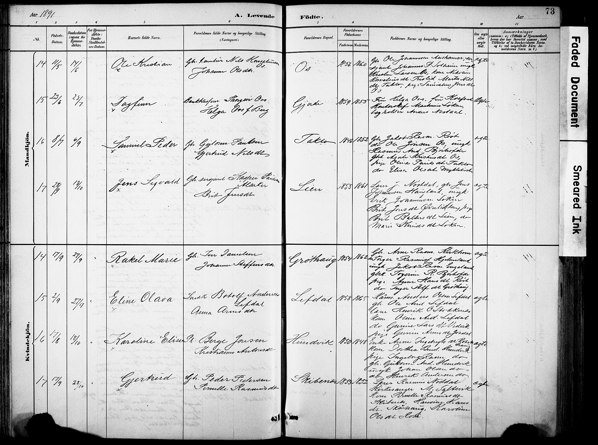 Eid sokneprestembete, AV/SAB-A-82301/H/Hab/Habb/L0002: Parish register (copy) no. B 2, 1882-1907, p. 73